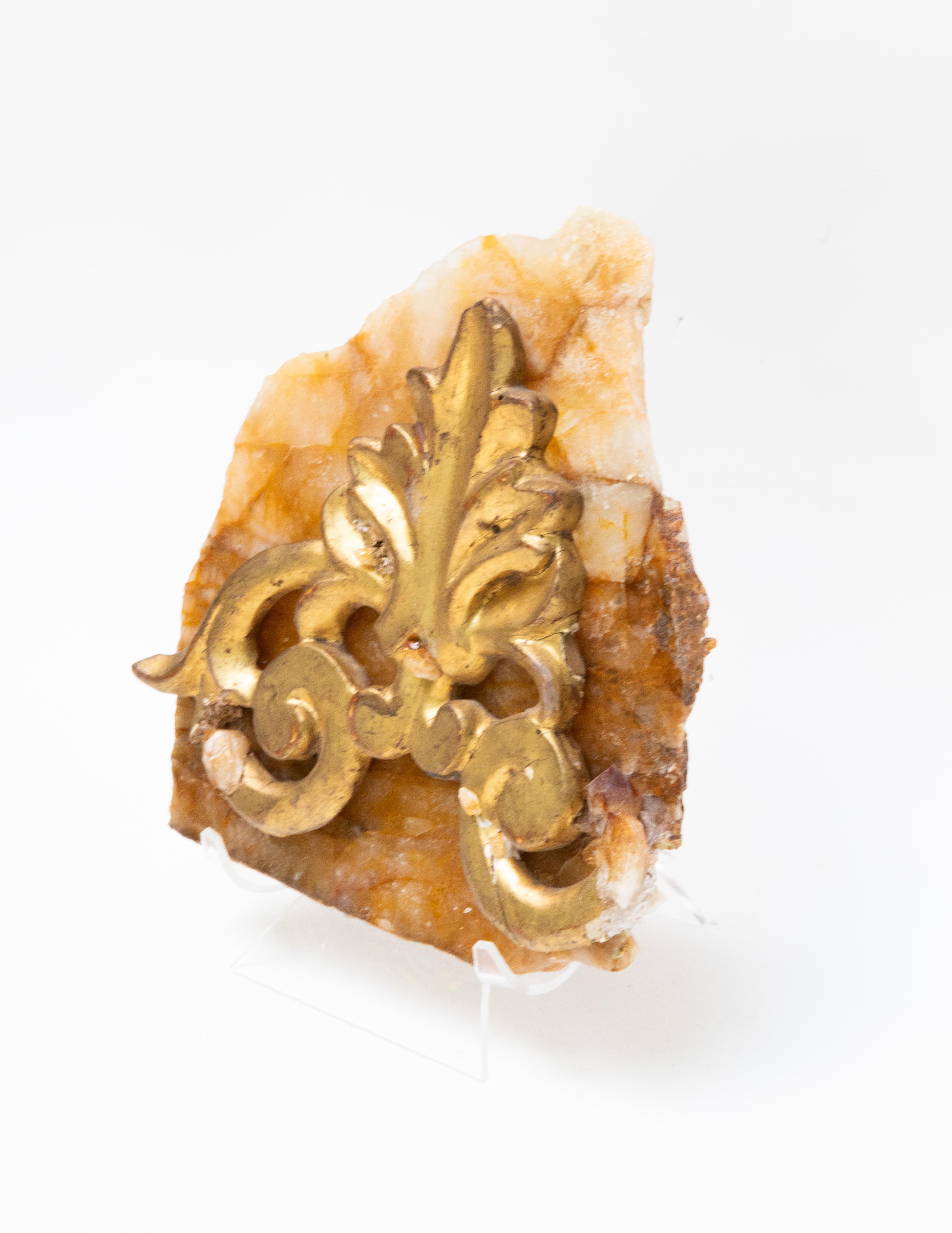 18th Century and Earlier 18th Century Italian Gilded Fragment on a Hematoid Slab with Tangerine Crystals For Sale