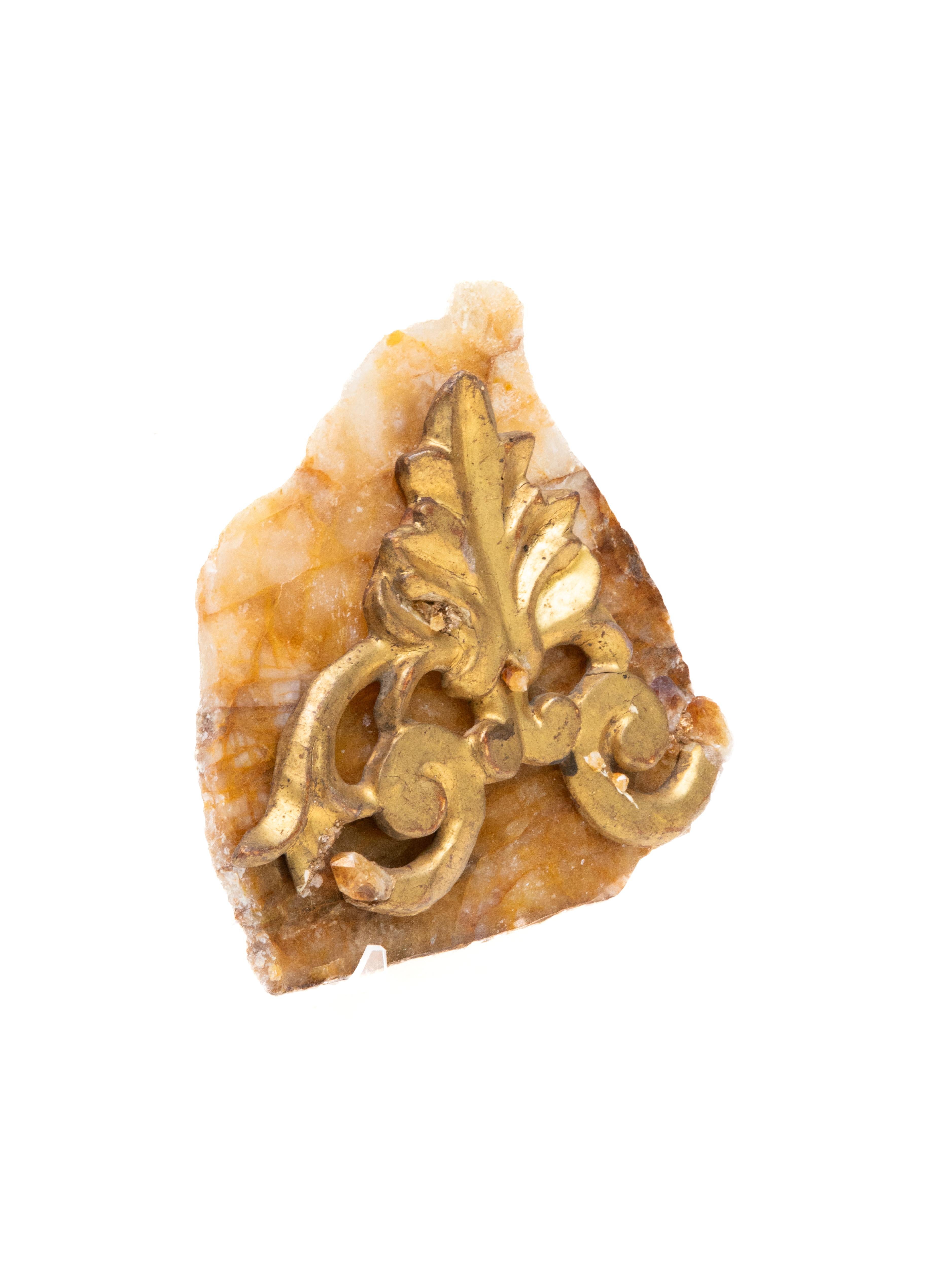 Quartz 18th Century Italian Gilded Fragment on a Hematoid Slab with Tangerine Crystals For Sale