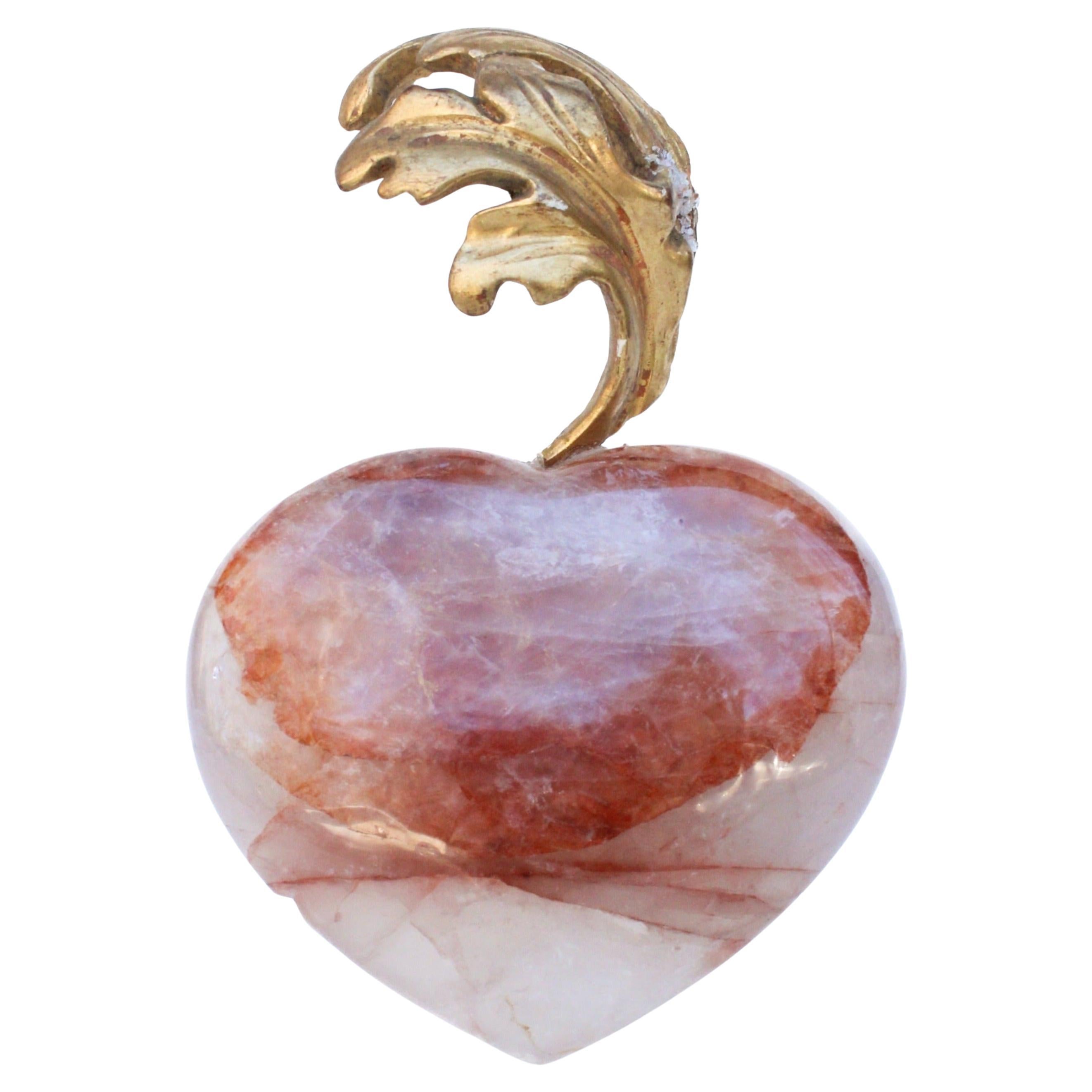 18th Century Italian Gilded Fragment on a Red and White Hematoid Quartz Heart