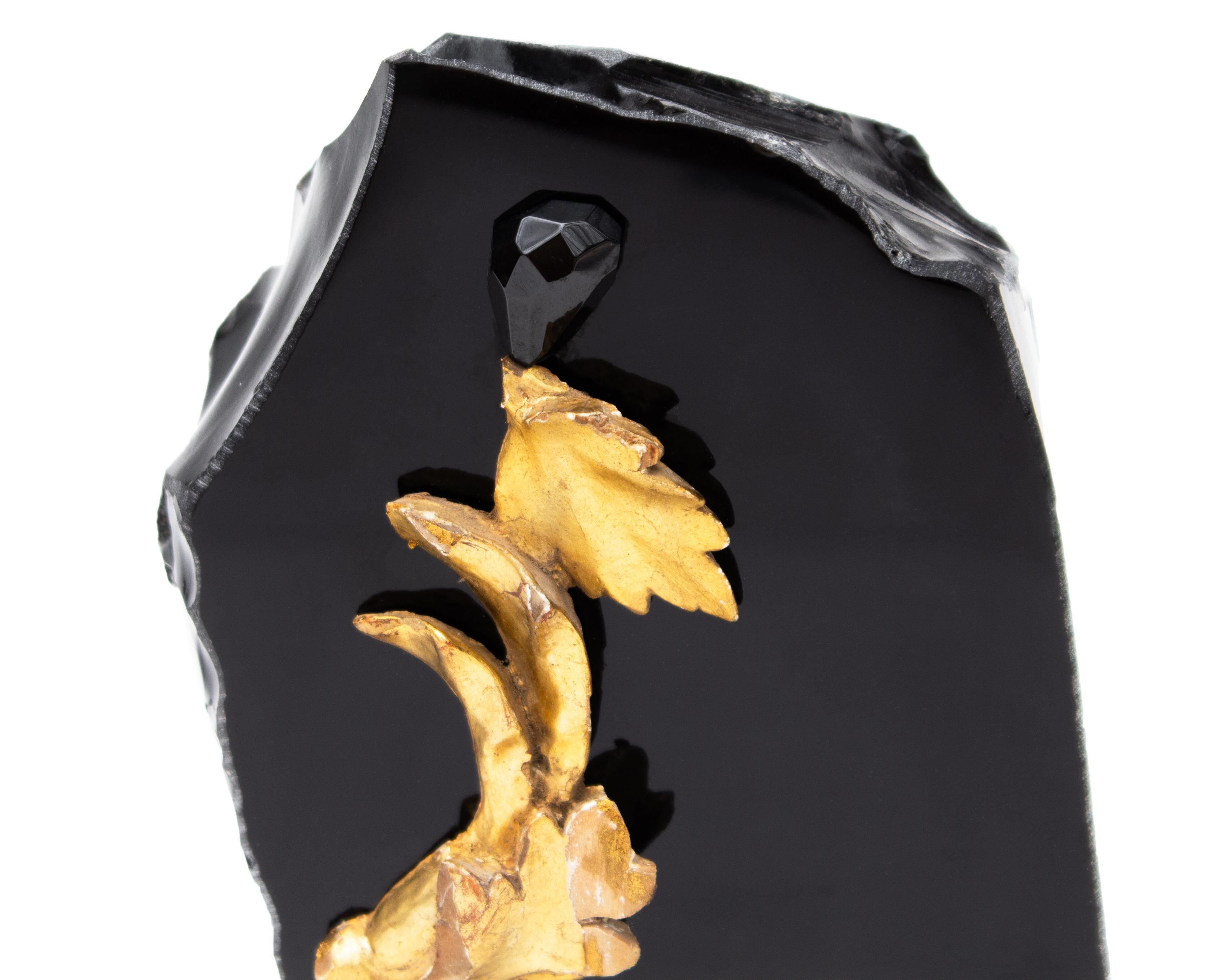 Modern 18th Century Italian Gilded Fragment with a Faceted Black Crystal on Obsidian For Sale