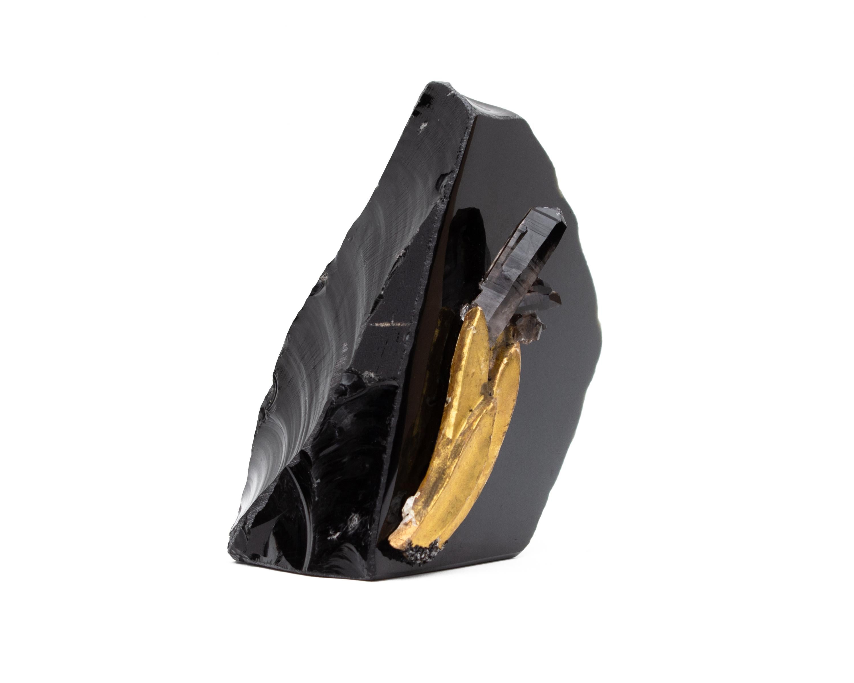 Faceted 18th Century Italian Gilded Fragment with Black Irradiated Crystals on Obsidian For Sale