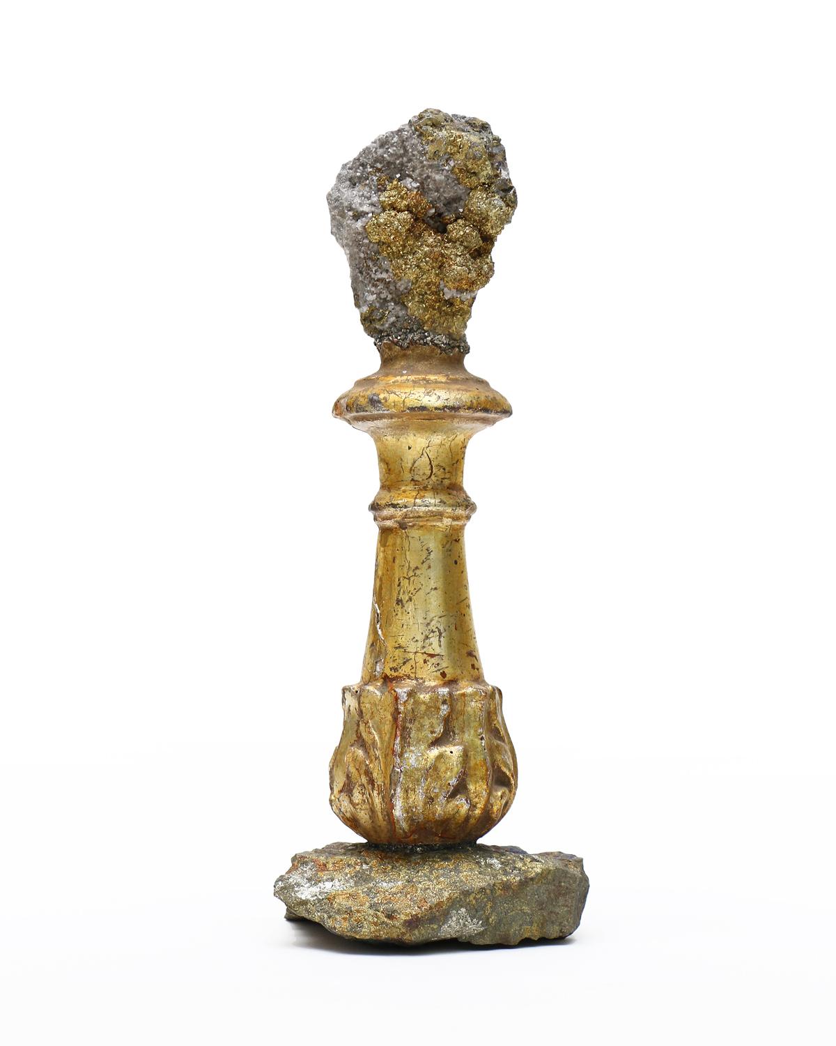 Sculptural 18th century Italian gilded candlestick with pyrite in matrix on a coordinating chalcopyrite mineral base. 

The gilded fragment was originally part of a candlestick in a historical Italian church in Italy. It is mounted on the