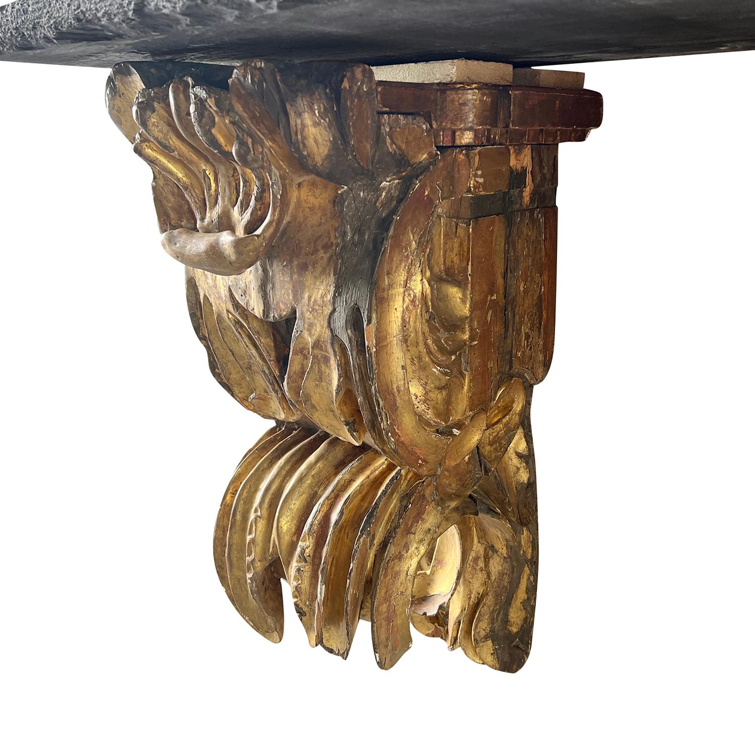 Hand-Crafted 18th Century Italian Gilded Limewood Wall Console - Antique Bluestone Shelf For Sale