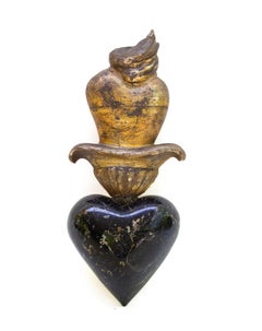 18th Century Italian Gilded Sacred Heart Fragment on Polished Black Obsidian