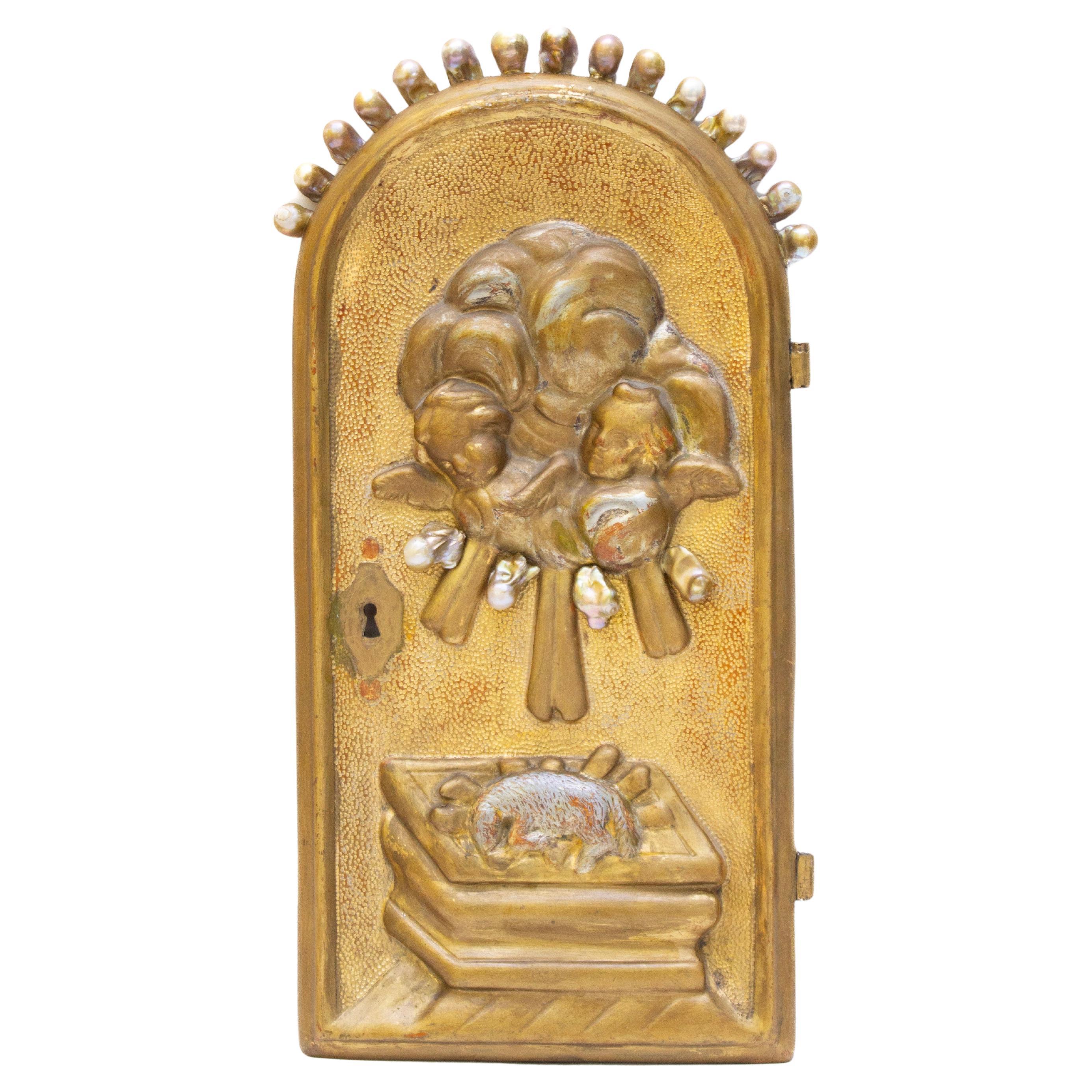 18th Century Italian Gilded Tabernacle Door with Baroque Pearls
