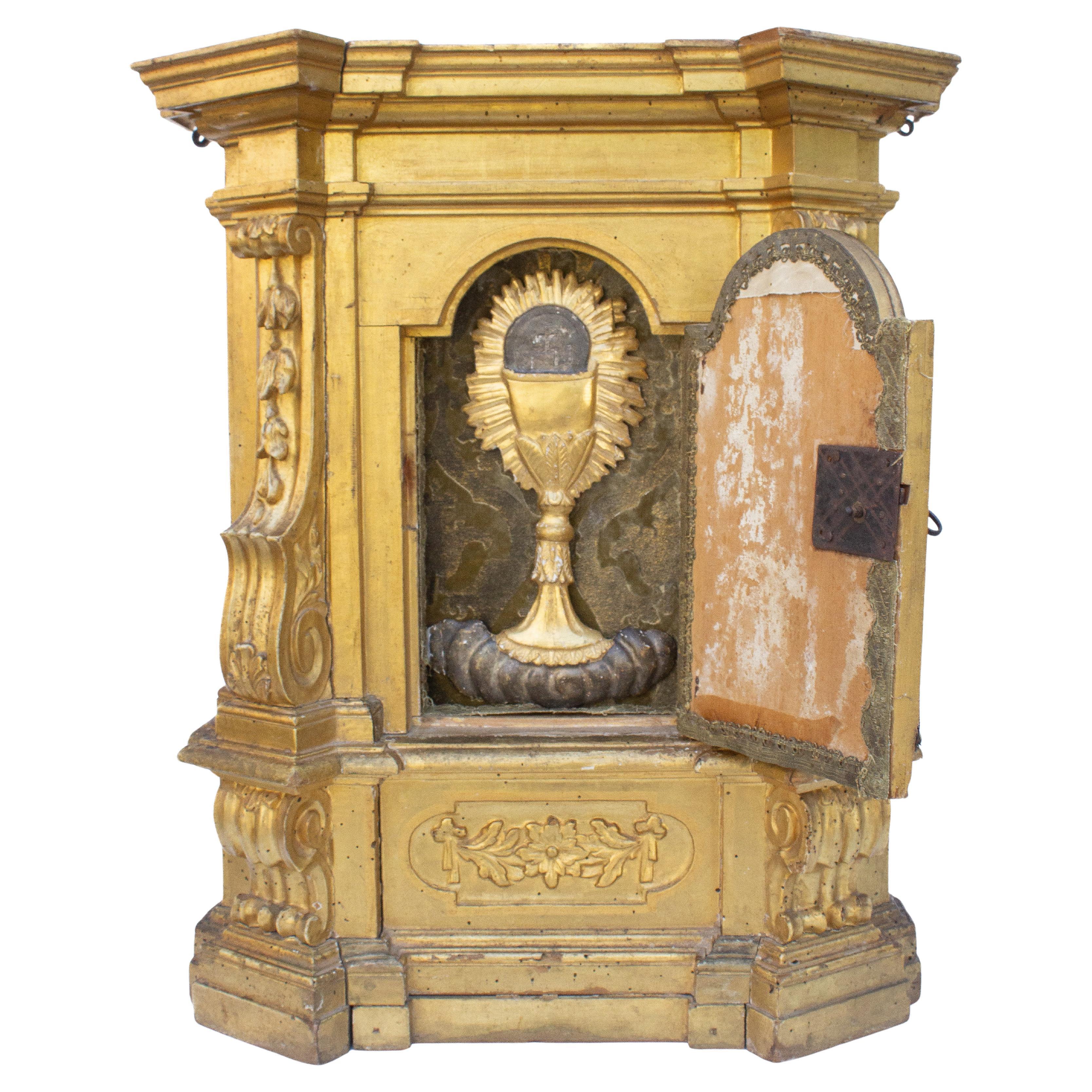 18th Century Italian Gilded Tabernacle with a Hand-Carved Chalice Fragment