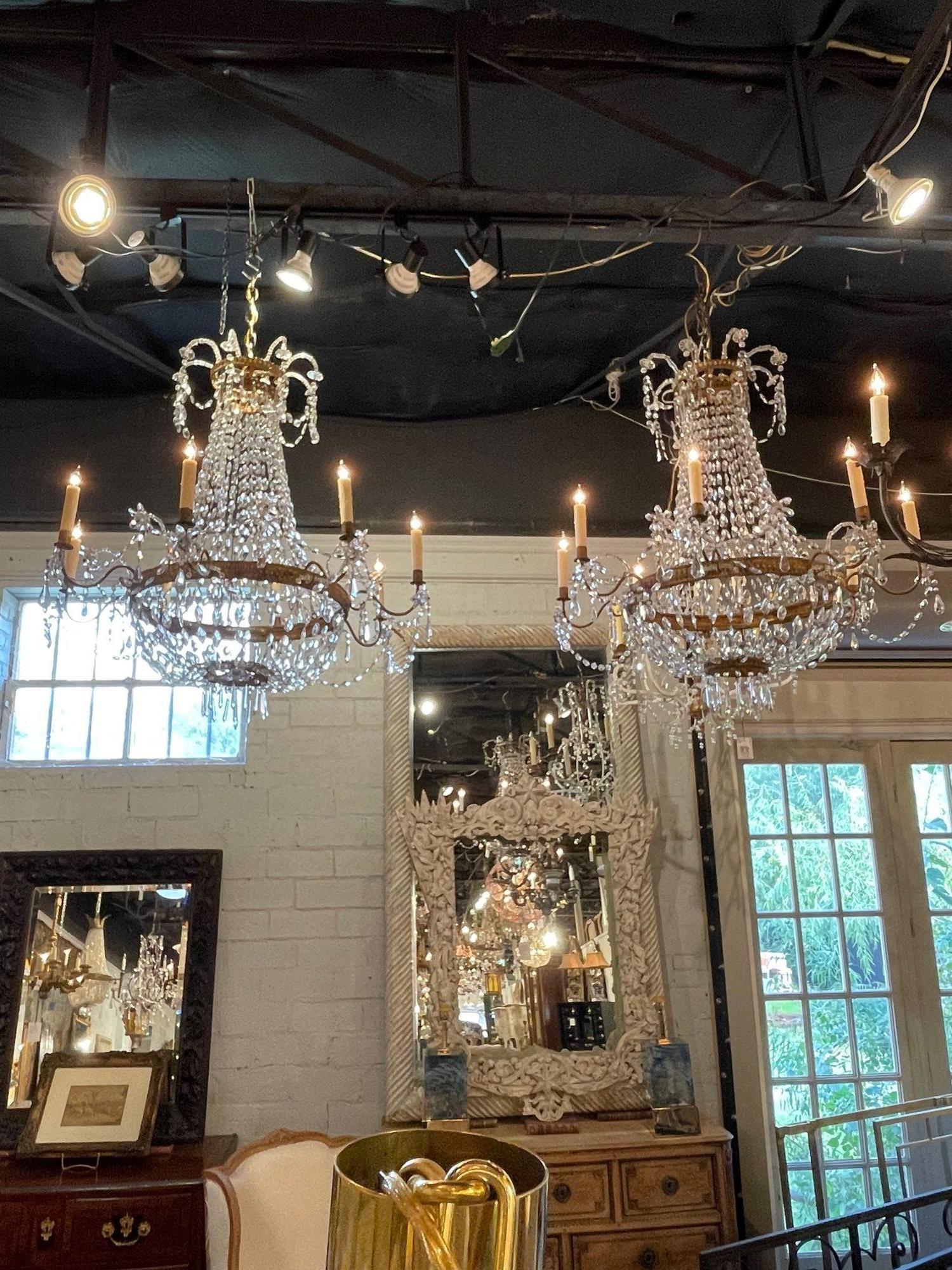 18th Century Italian Gilt Brass and Crystal Chandeliers For Sale 5