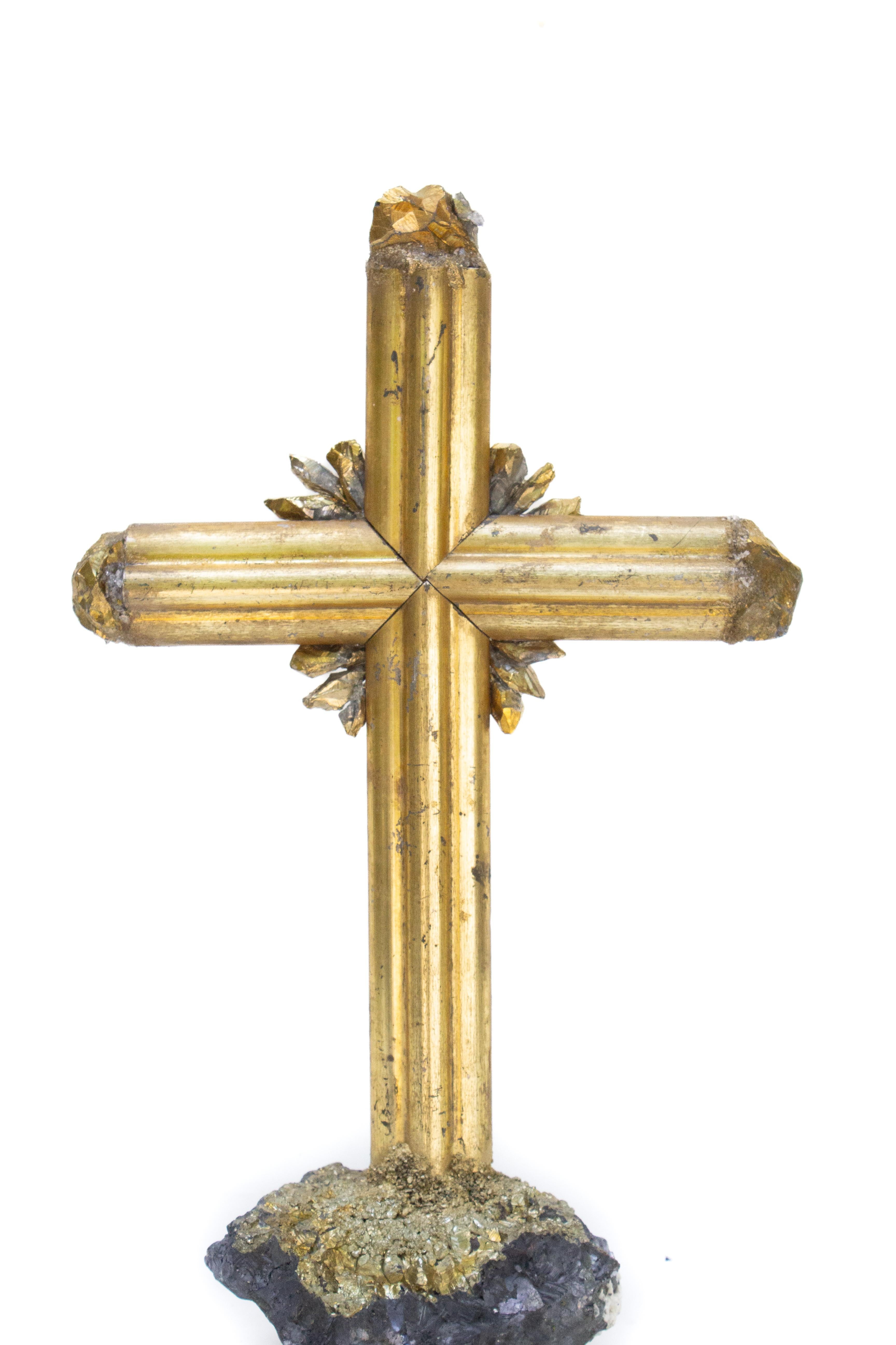 Hand-Carved 18th Century Italian Gilt Cross on Hematite and Pyrite with Gold Crystal Points For Sale
