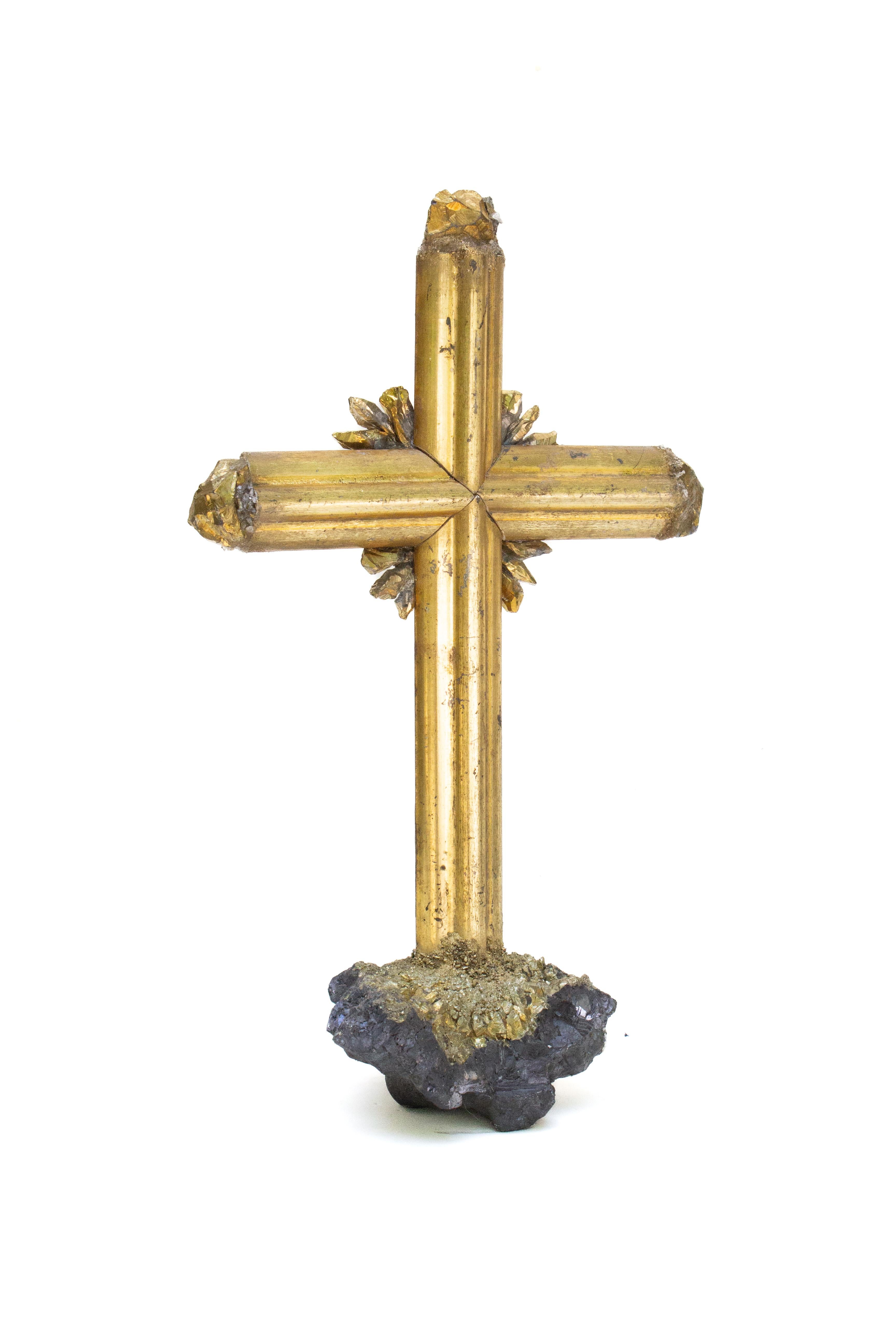 18th Century Italian Gilt Cross on Hematite and Pyrite with Gold Crystal Points In Good Condition For Sale In Dublin, Dalkey
