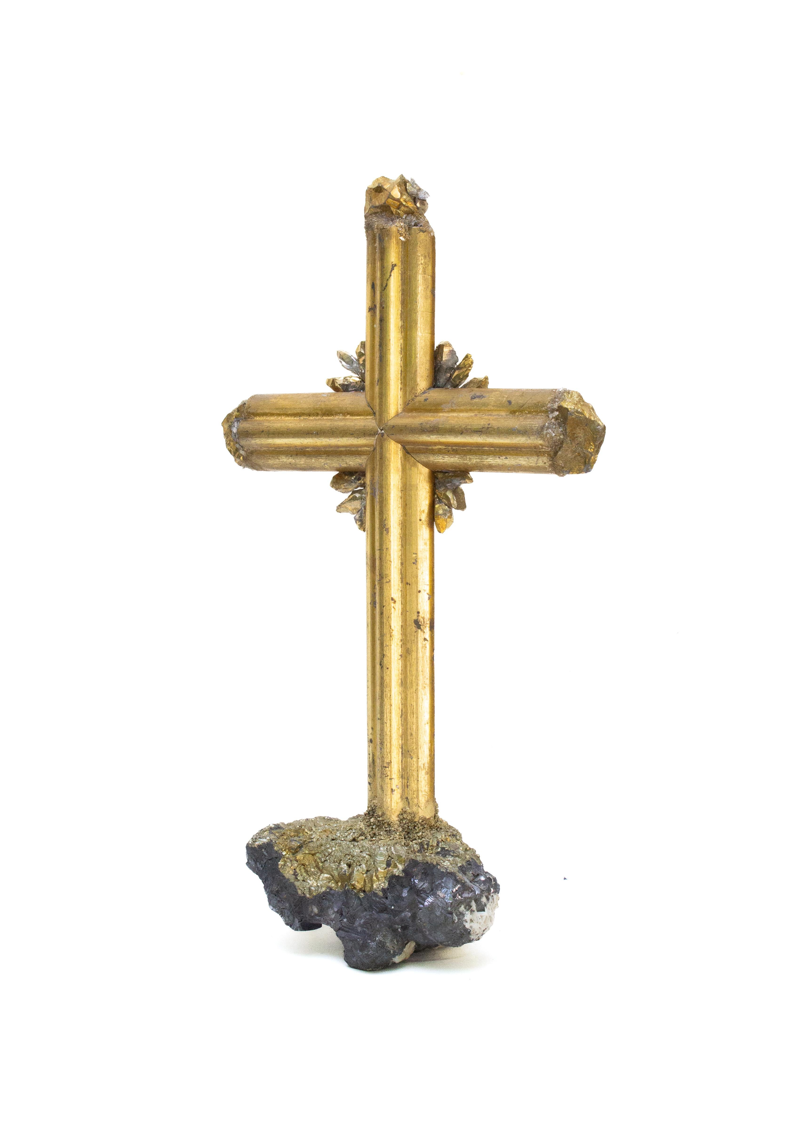 18th Century and Earlier 18th Century Italian Gilt Cross on Hematite and Pyrite with Gold Crystal Points For Sale