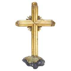 18th Century Italian Gilt Cross on Hematite and Pyrite with Gold Crystal Points