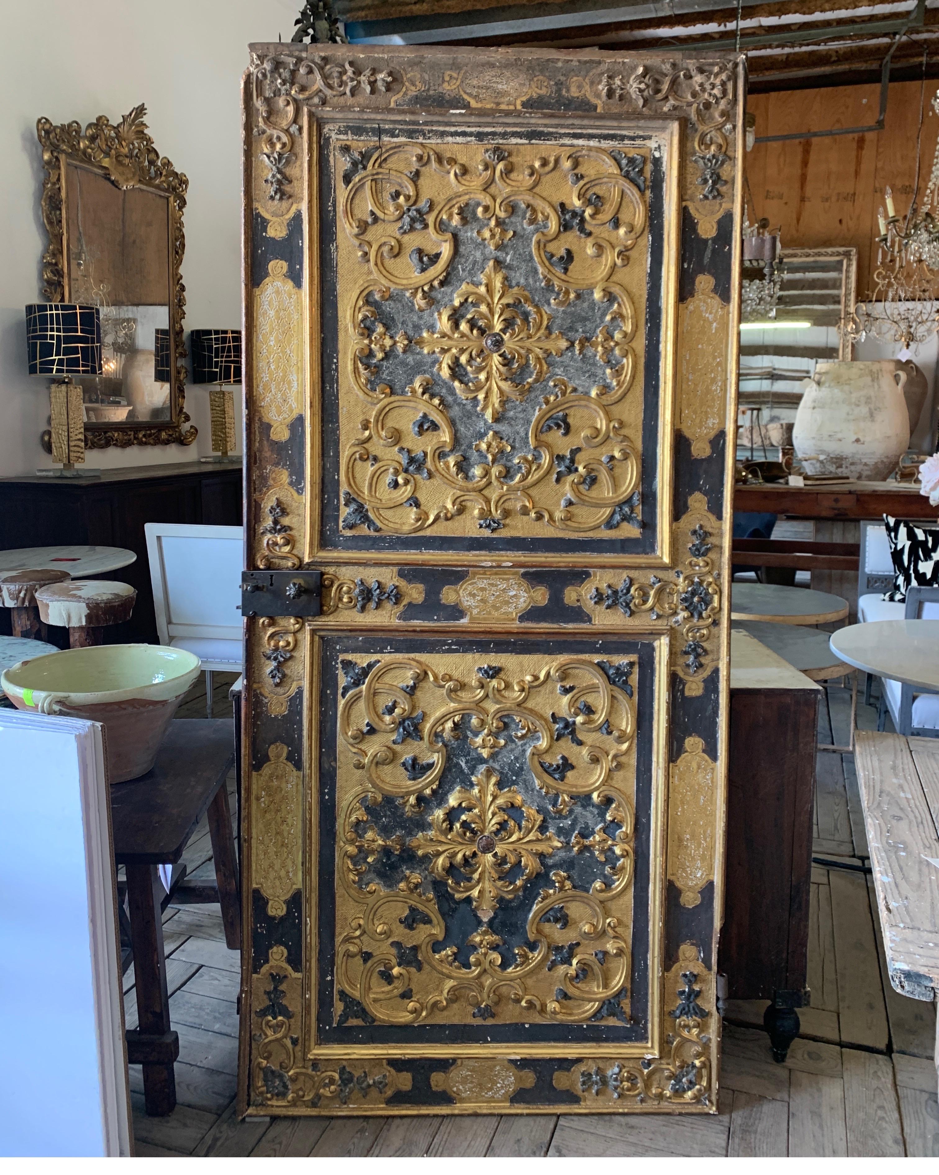 18th Century Italian Gilt Gold and Black Painted Door from Italy In Fair Condition For Sale In Houston, TX