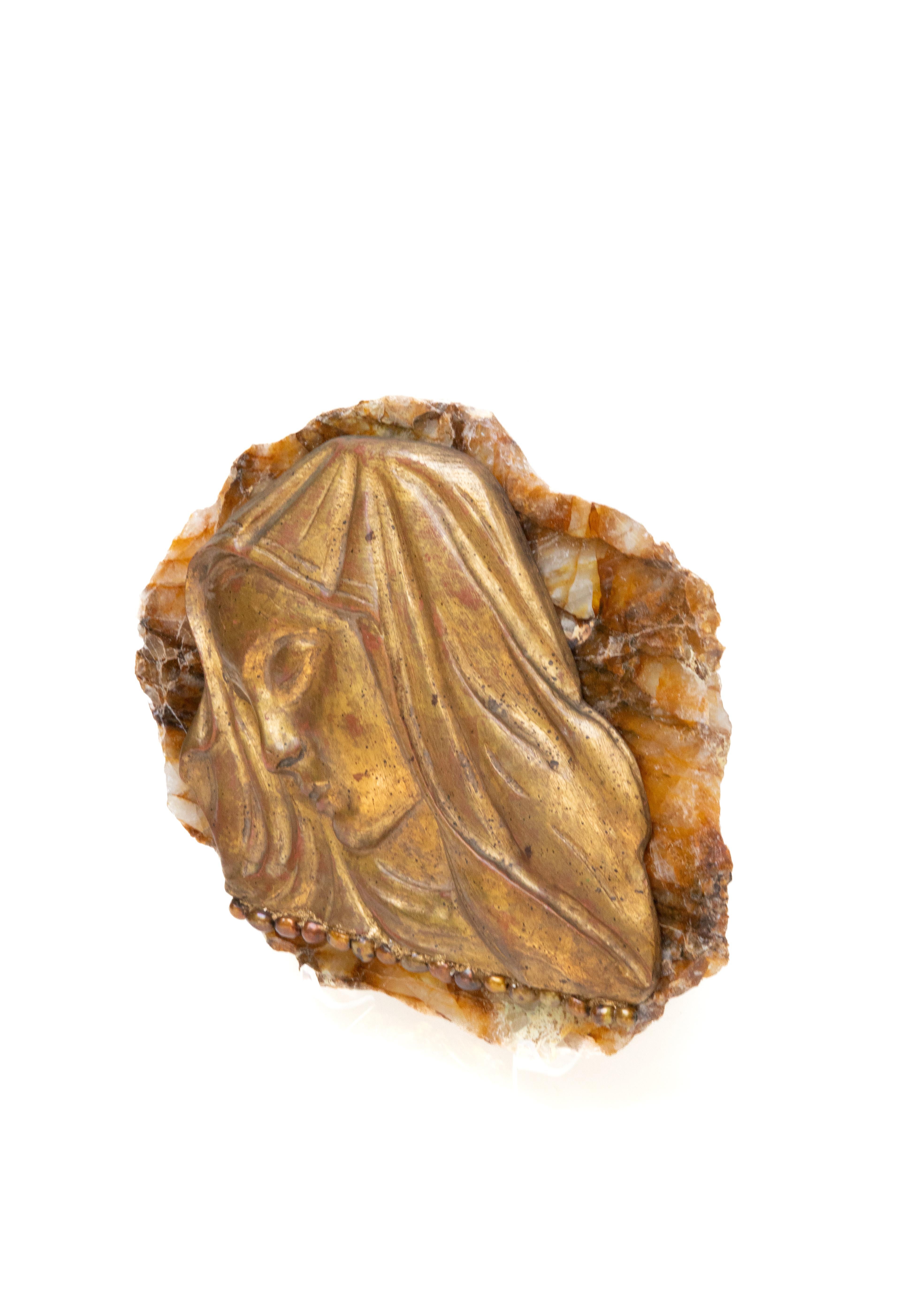 18th Century and Earlier 18th Century Italian Gilt Hand-Carved Madonna on a Hematoid Slab with Pearls