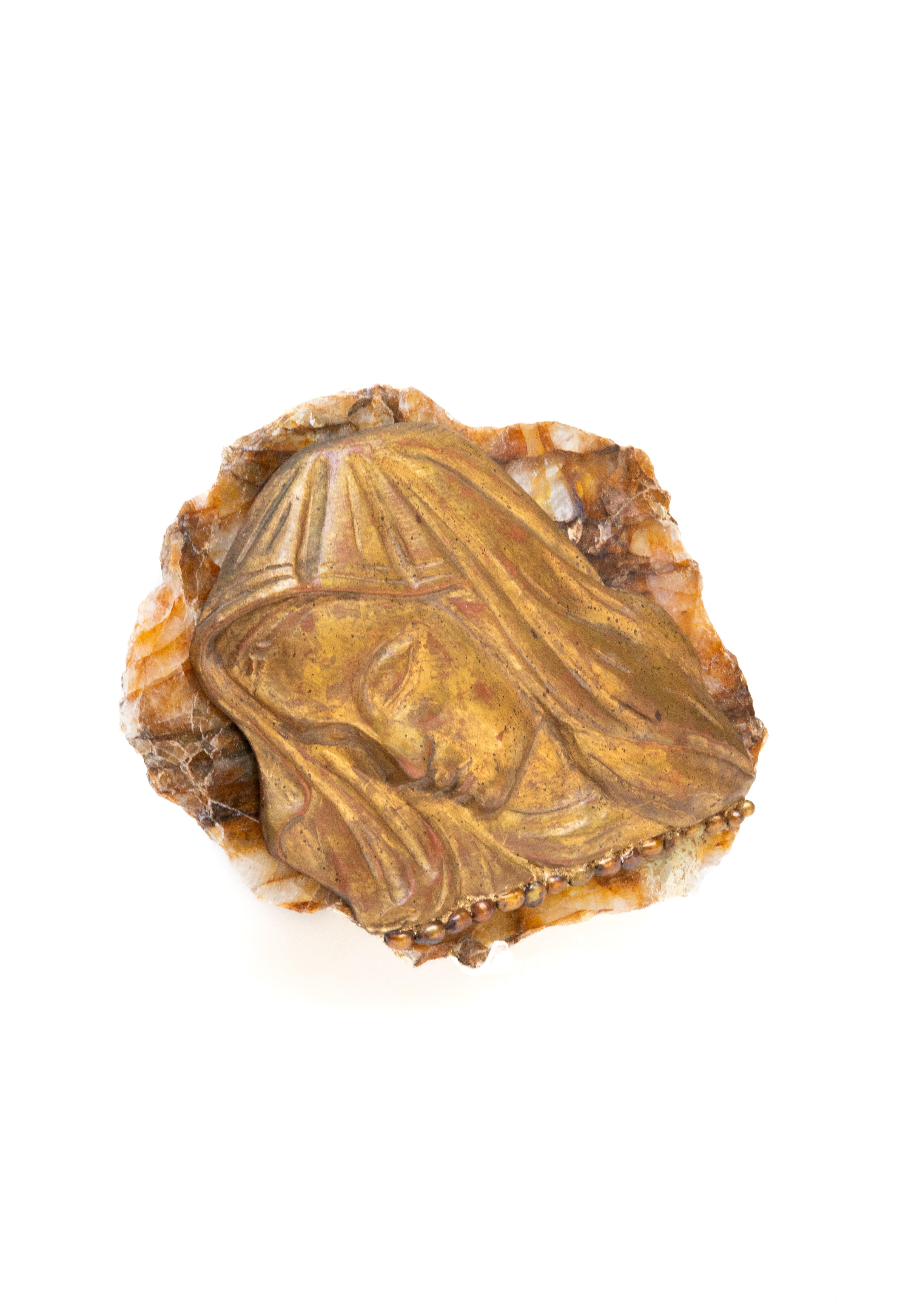 Quartz 18th Century Italian Gilt Hand-Carved Madonna on a Hematoid Slab with Pearls
