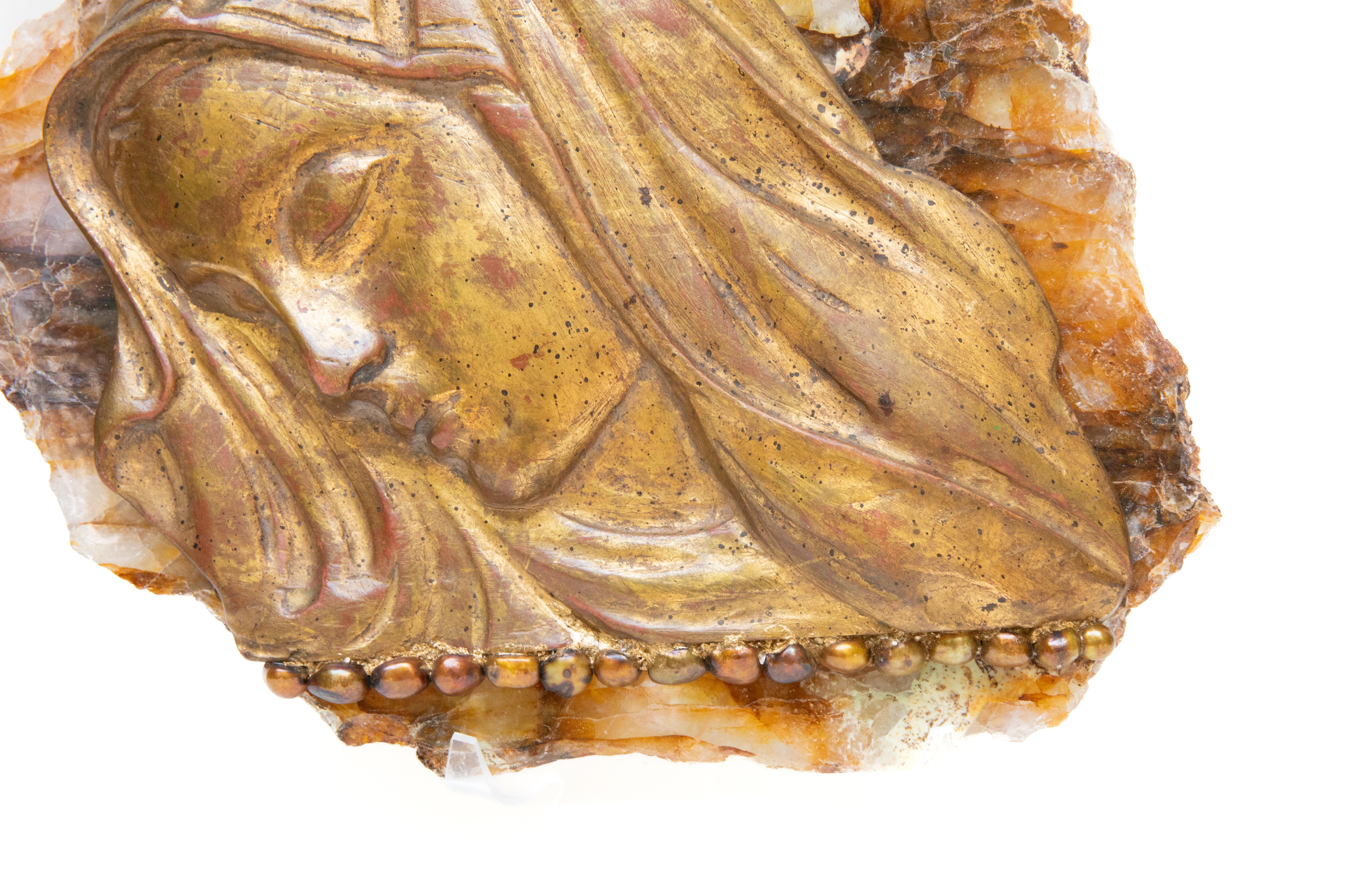18th Century Italian Gilt Hand-Carved Madonna on a Hematoid Slab with Pearls 1