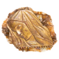 18th Century Italian Gilt Hand-Carved Madonna on a Hematoid Slab with Pearls