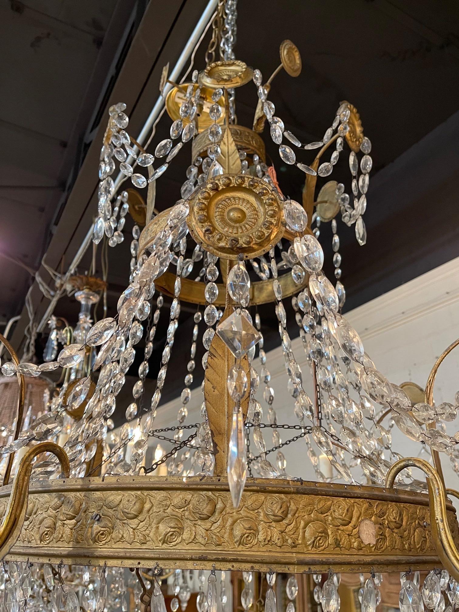 18th Century and Earlier 18th Century Italian Gilt Metal and Crystal Chandelier For Sale