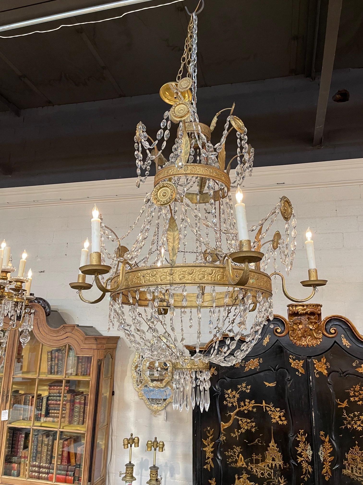 18th Century Italian Gilt Metal and Crystal Chandelier For Sale 2