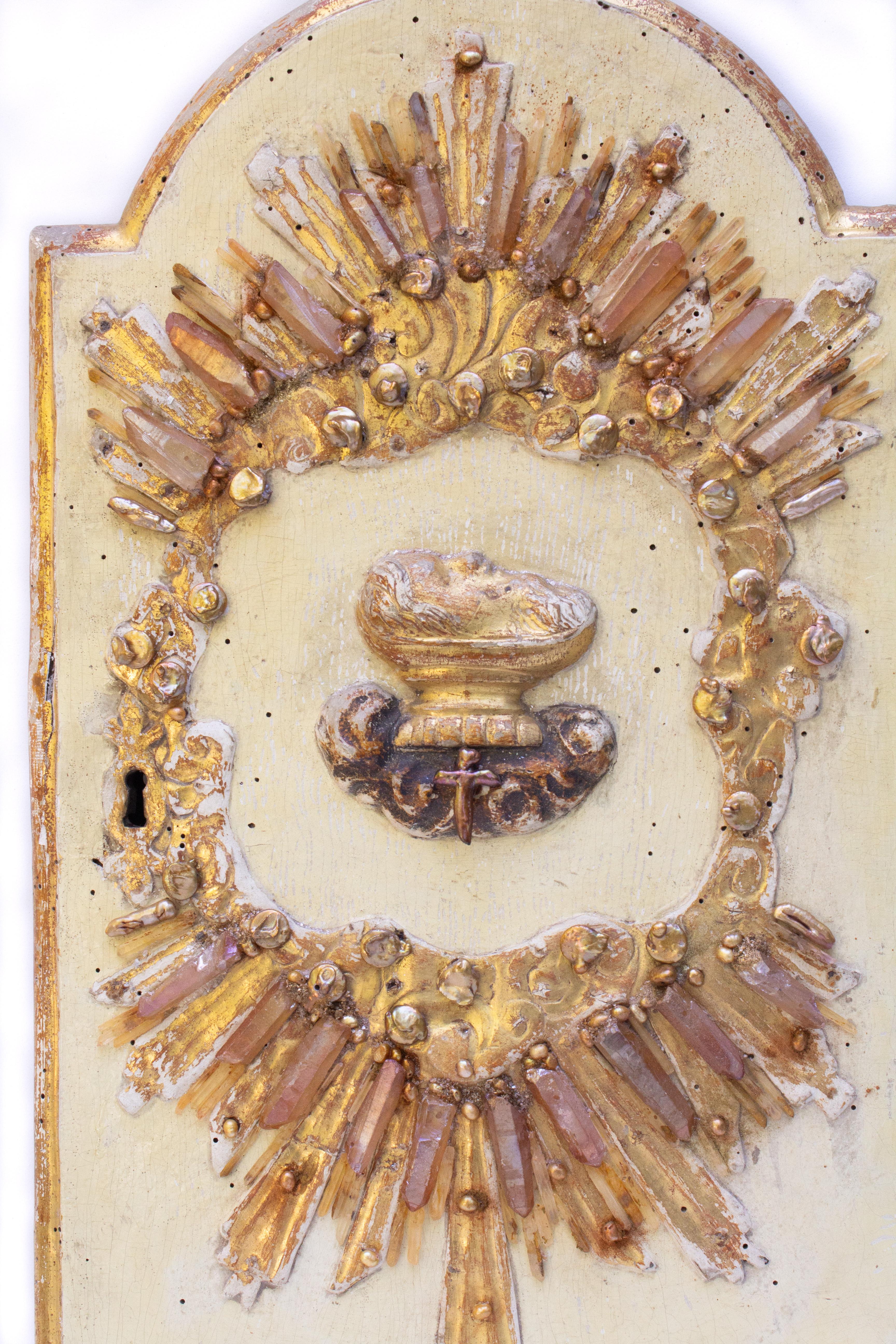 18th century Italian gilded and hand-carved wood tabernacle door with natural forming baroque pearls and tangerine quartz crystal points. This door once belonged on a tabernacle which served the eucharist in a historical Italian church. The center