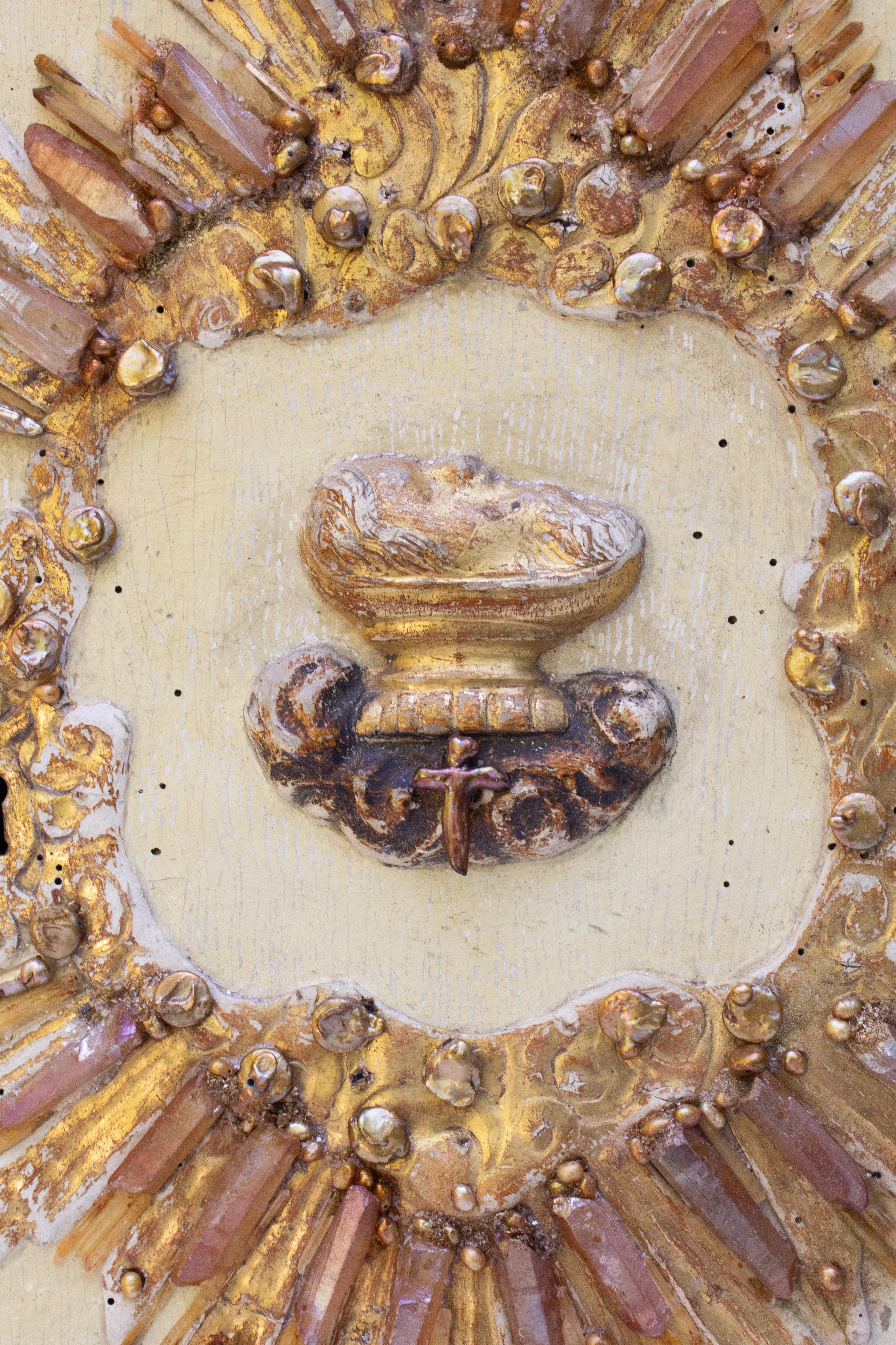 Rococo 18th Century Italian Gilt Tabernacle Door with Baroque Pearls & Tangerine Quartz For Sale