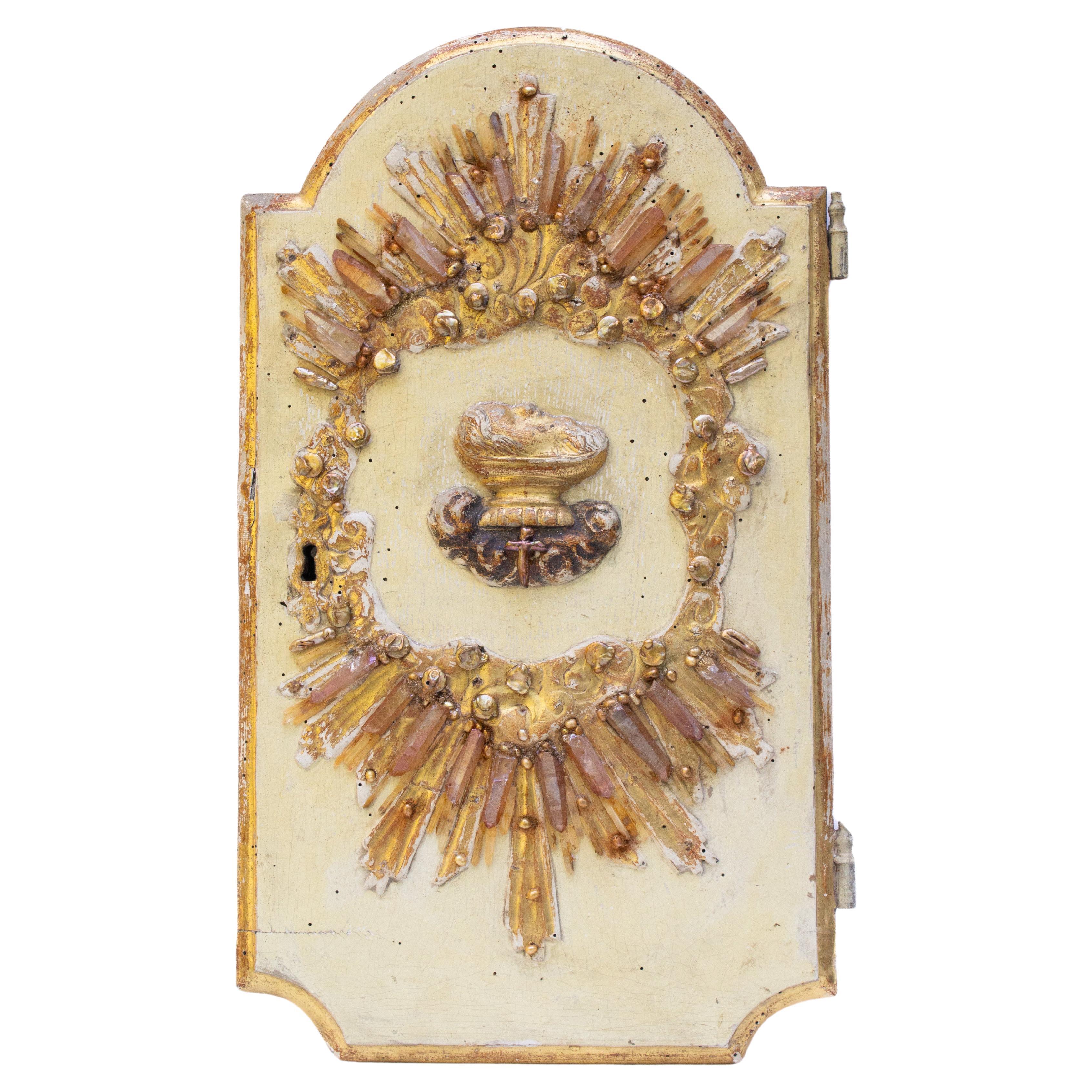 Puerta de Tabernáculo Dorada Italiana del Siglo XVIII con Perlas Barrocas y Cuarzo Mandarina en venta