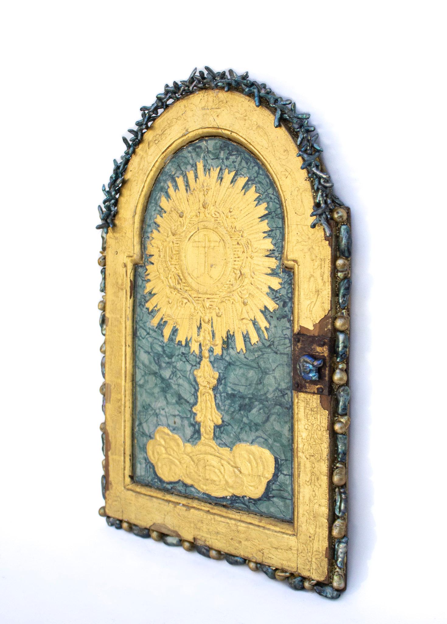 Rococo 18th Century Italian Gilt Tabernacle Door with Turquoise Baroque Pearls For Sale
