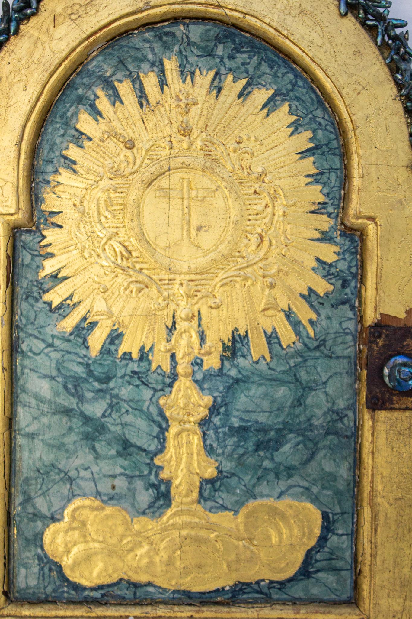 Hand-Carved 18th Century Italian Gilt Tabernacle Door with Turquoise Baroque Pearls For Sale