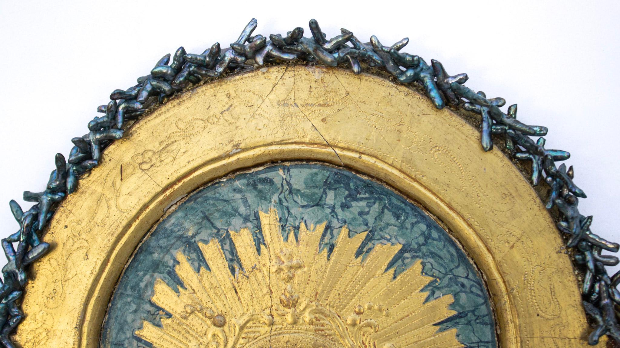 18th Century and Earlier 18th Century Italian Gilt Tabernacle Door with Turquoise Baroque Pearls For Sale