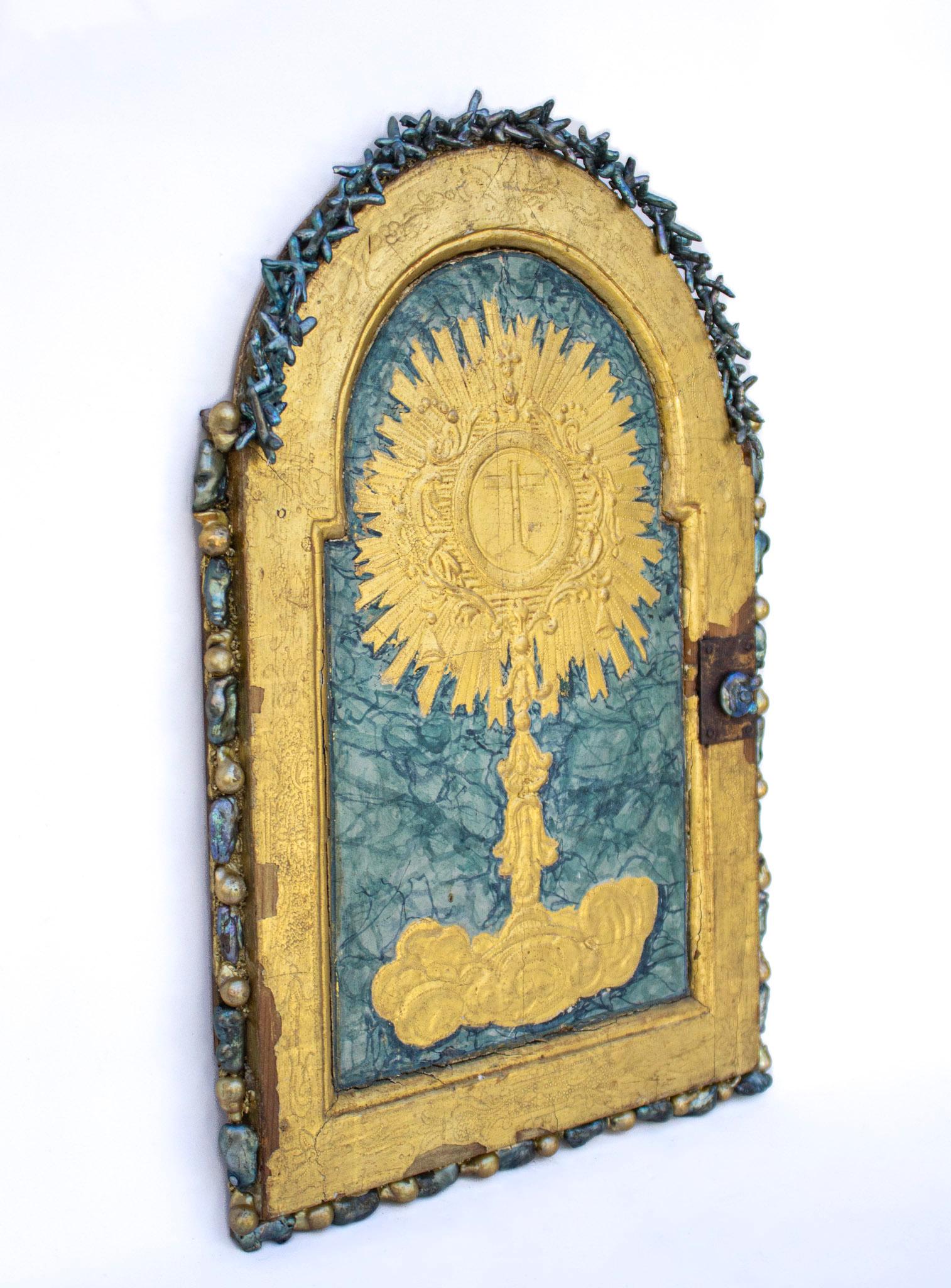Mother-of-Pearl 18th Century Italian Gilt Tabernacle Door with Turquoise Baroque Pearls For Sale