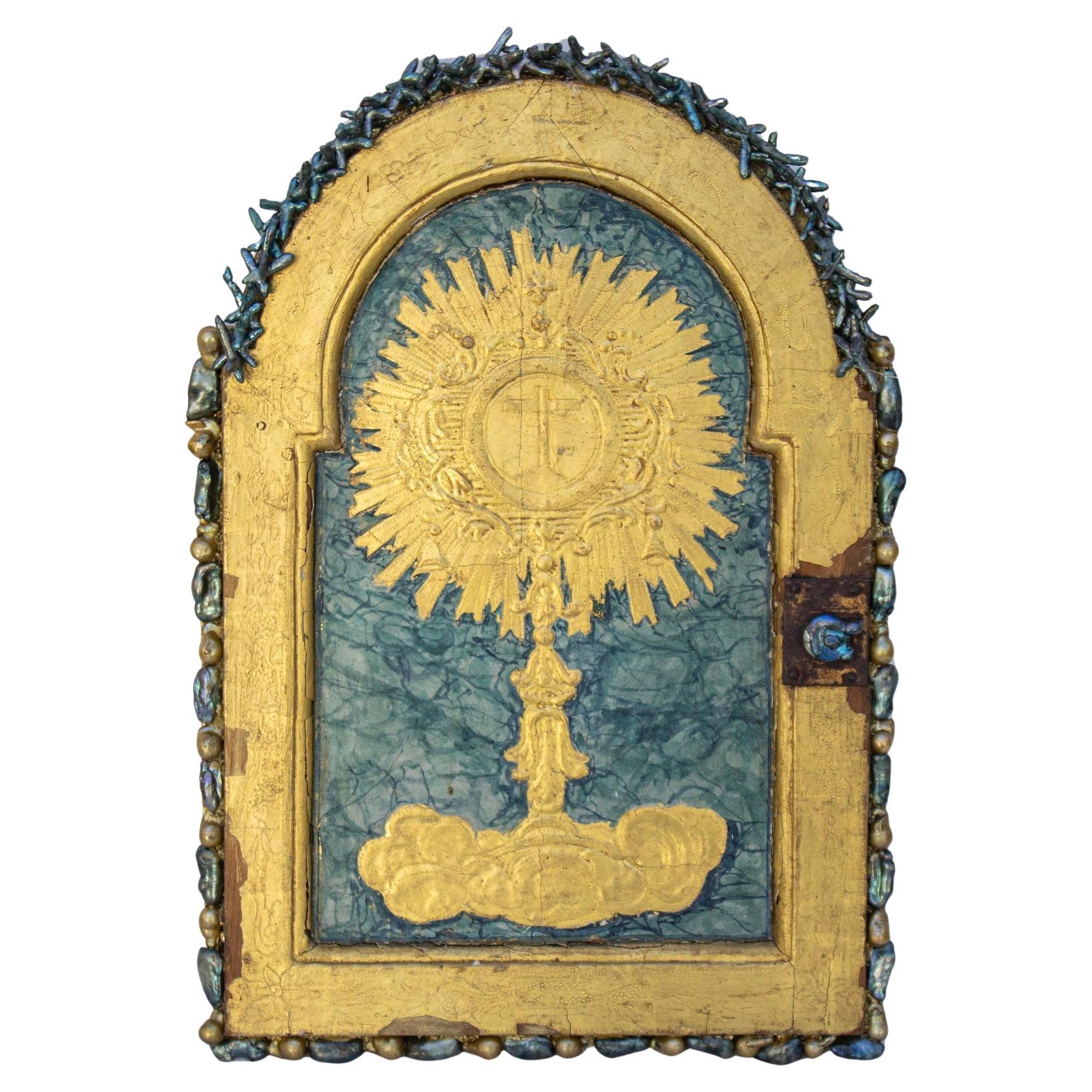 Puerta de tabernáculo dorada italiana del siglo XVIII con perlas barrocas turquesas