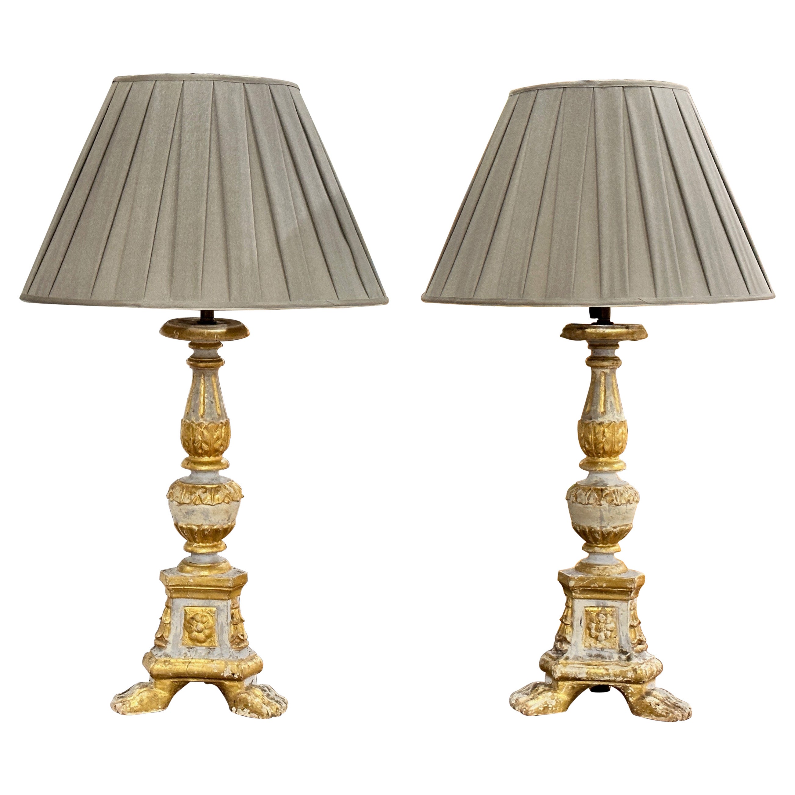 18th Century Italian Giltwood Altar Stick Table Lamps