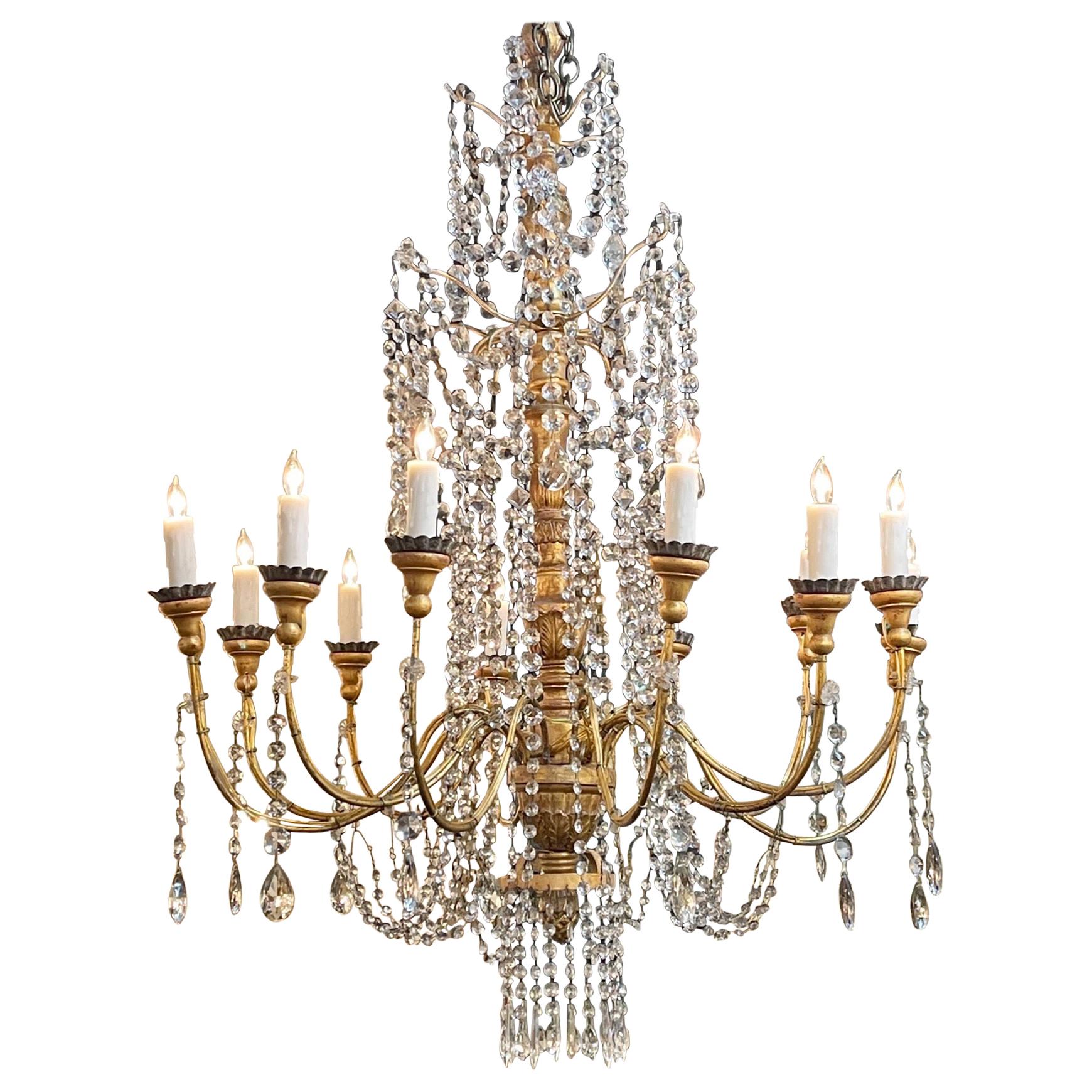 18th Century Italian Giltwood Beaded and Crystal Chandelier For Sale
