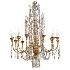 Antique 18th Century Italian Giltwood Beaded and Crystal Chandelier