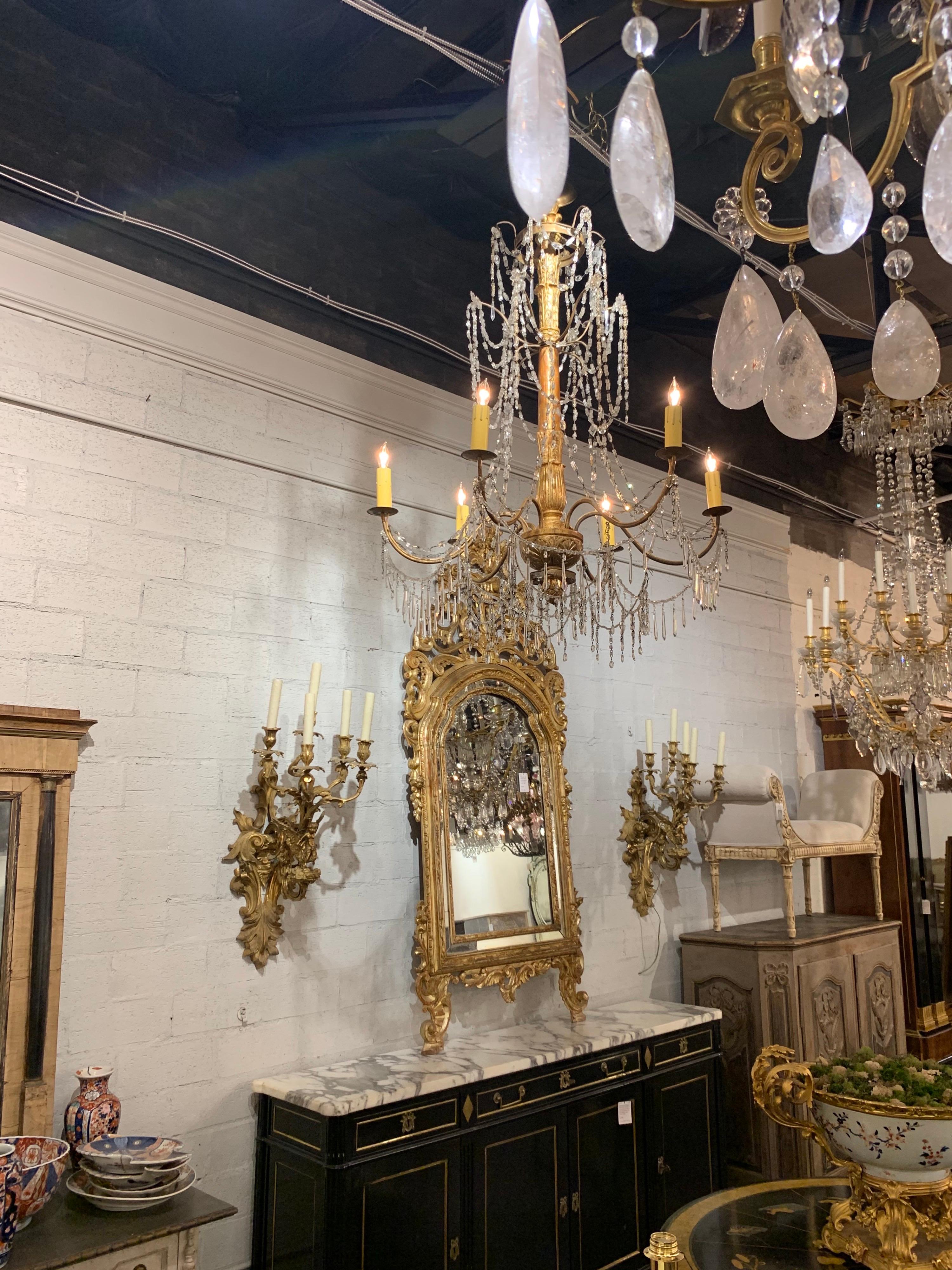 Very fine 18th century Italian giltwood beaded chandelier with 6 lights from Genoa. Pretty scale and shape on this fixture. A lovely addition to a fine home!