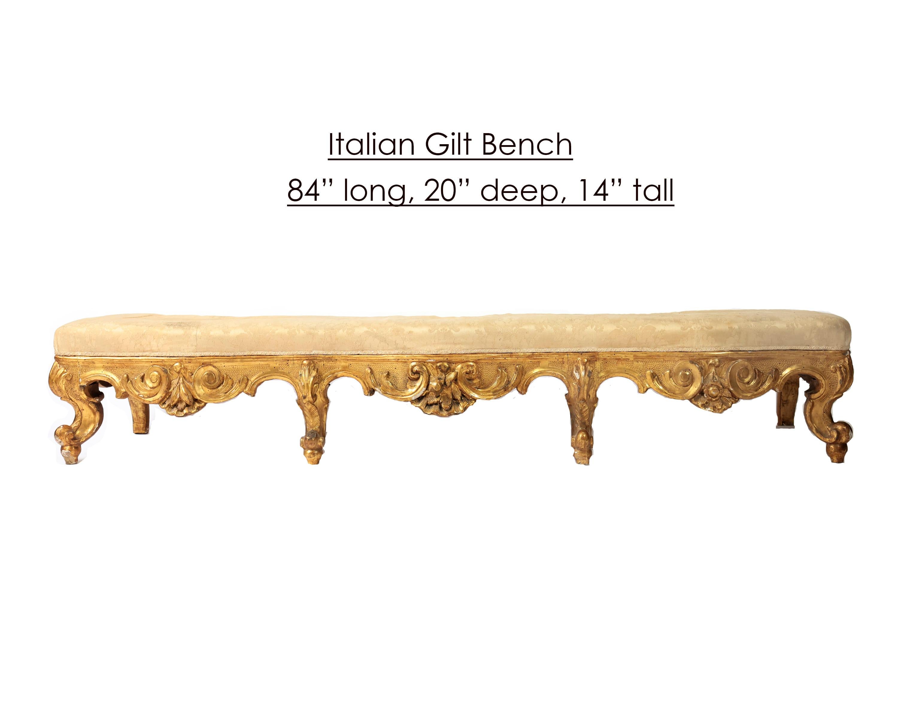 The impressive scale and ornate carved details in this magnificent 18th century gilt bench make it statement that is both functional and sculptural. The bench is Italian in origin and was purchased in L' Isle sur la Sougue, France. 

The exposed