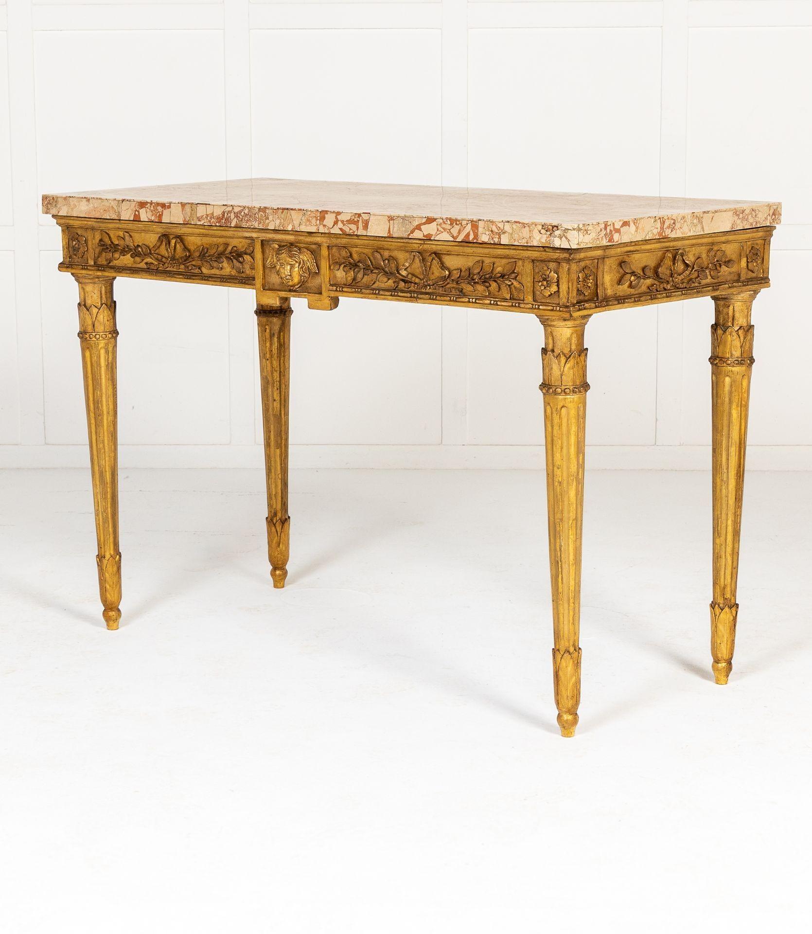 An outstanding 18th Century Italian Neo-Classical giltwood console or side table of good proportions. 
This wonderful table encapsulates all of the best features of late 18th Century Italian furniture design in one piece. The table base is finely