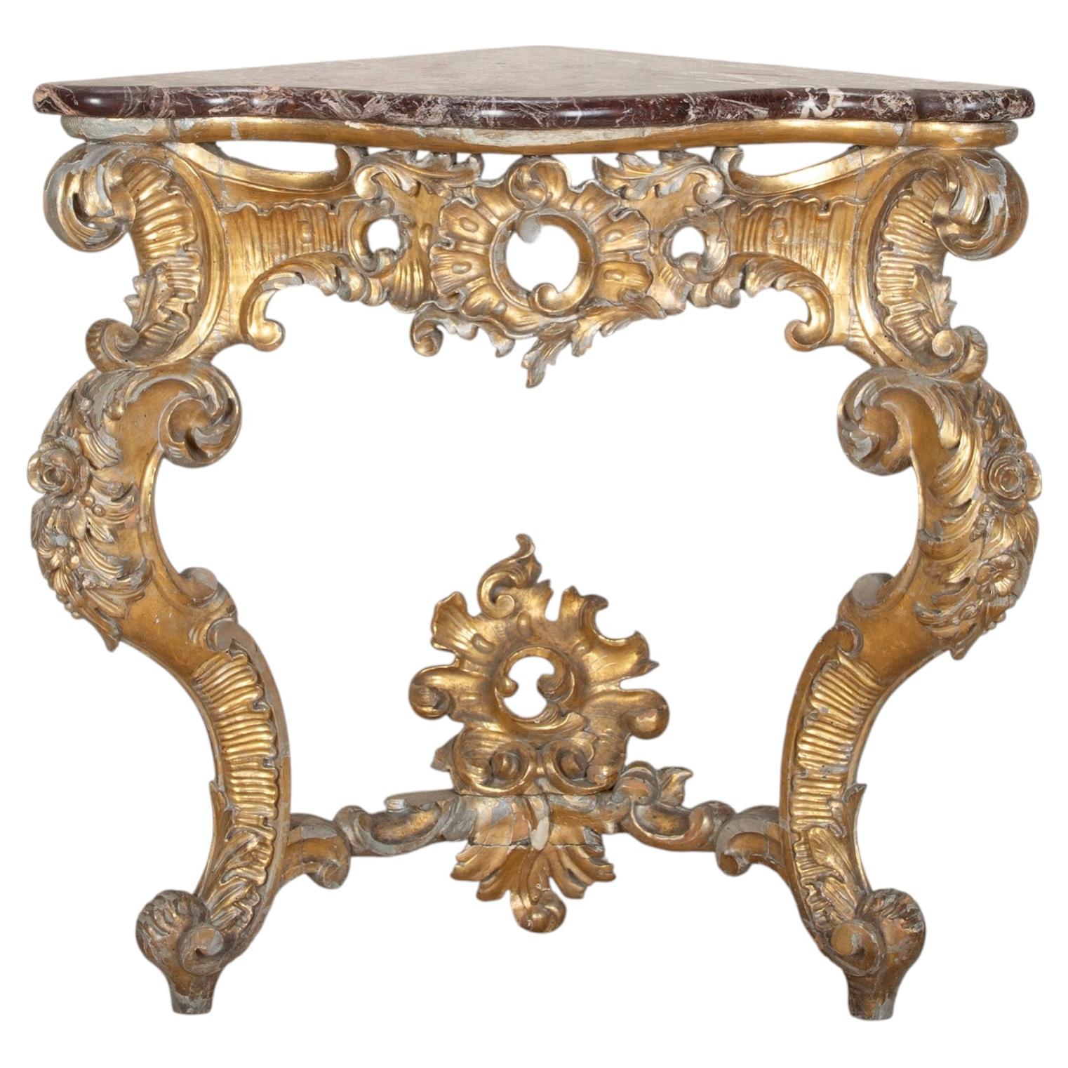 18th Century Italian Giltwood Corner Console with Marble Top For Sale