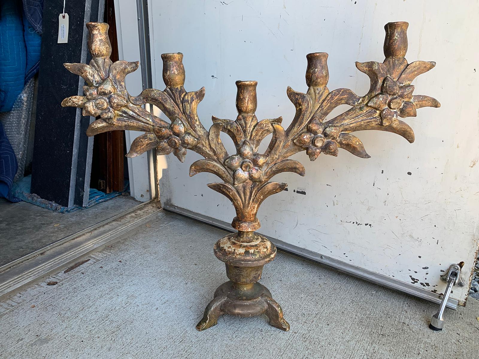 18th century Italian giltwood five-arm candelabra.