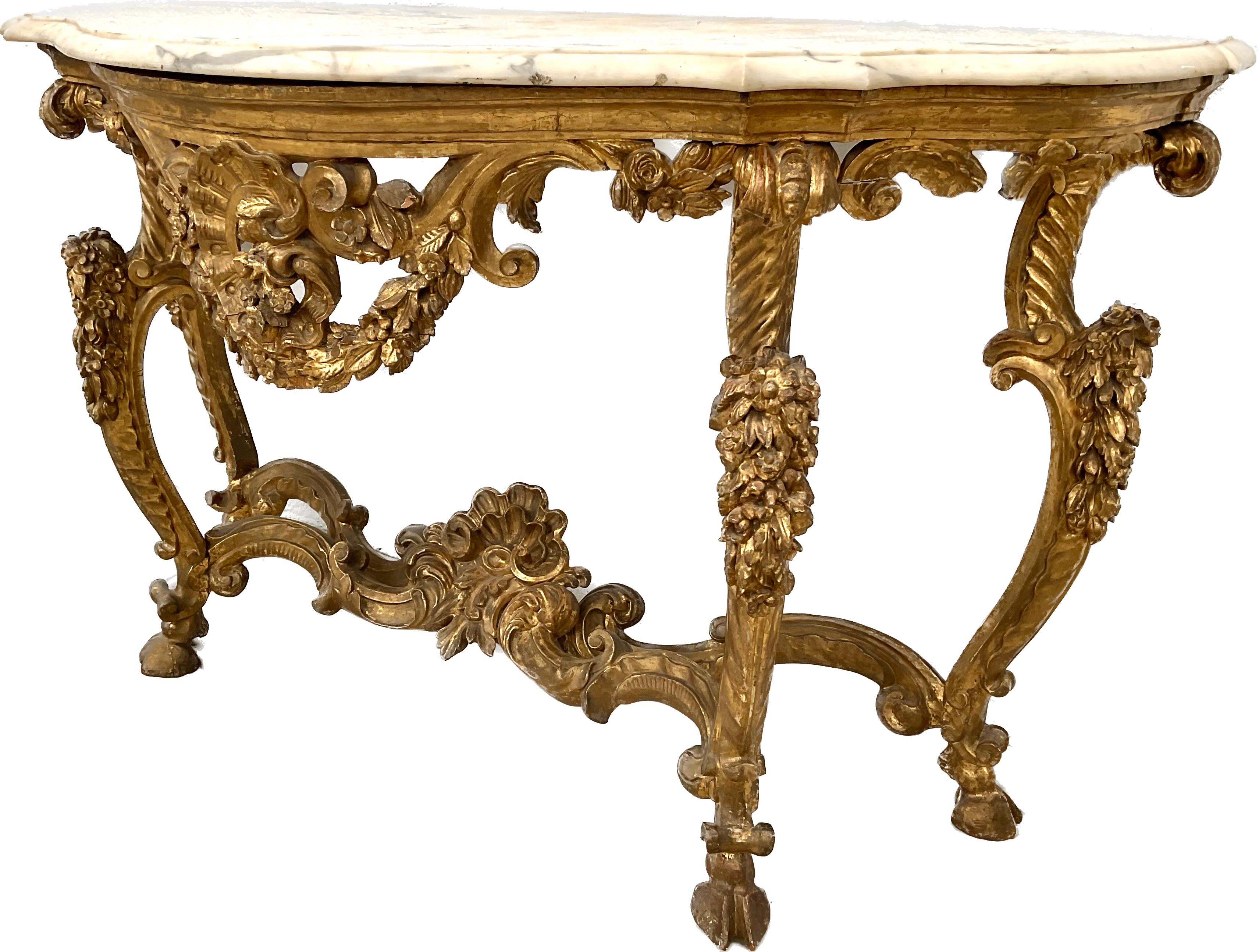 Rococo 18th Century Italian Giltwood Marble top Console Table For Sale