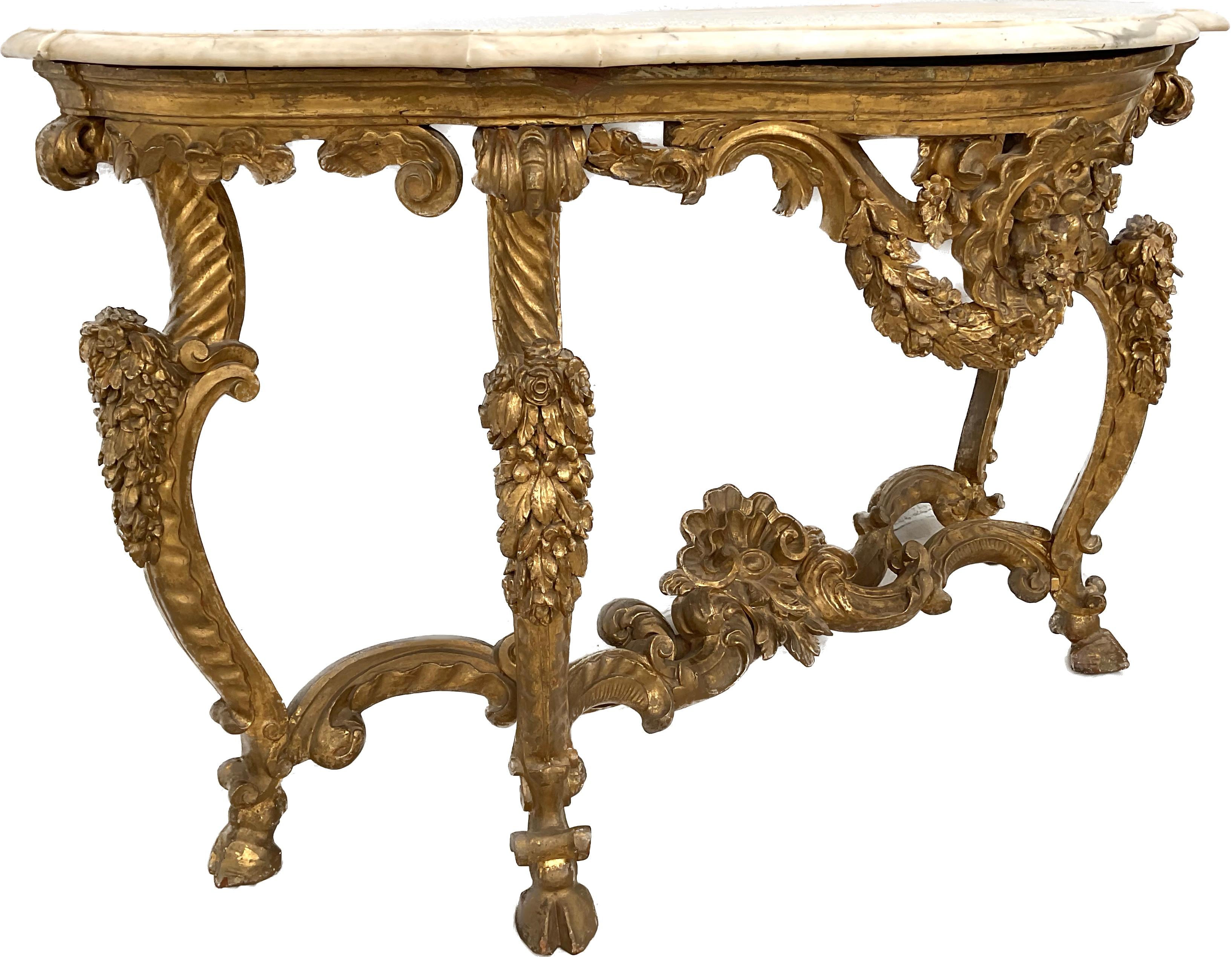 18th Century and Earlier 18th Century Italian Giltwood Marble top Console Table
