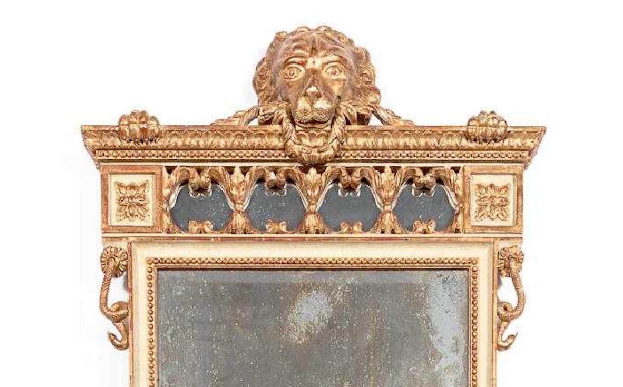 Neoclassical 18th Century Italian Giltwood Neoclassic Standing Lion Motif Mirror