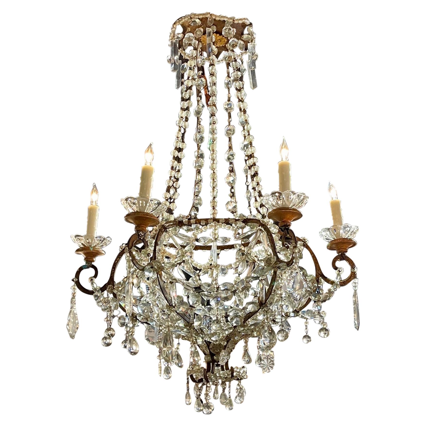 18th Century Italian Glass and Crystal Basket Form Chandelier For Sale
