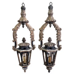 Pair of Antique Italian Gold Leaf and Black Lanterns