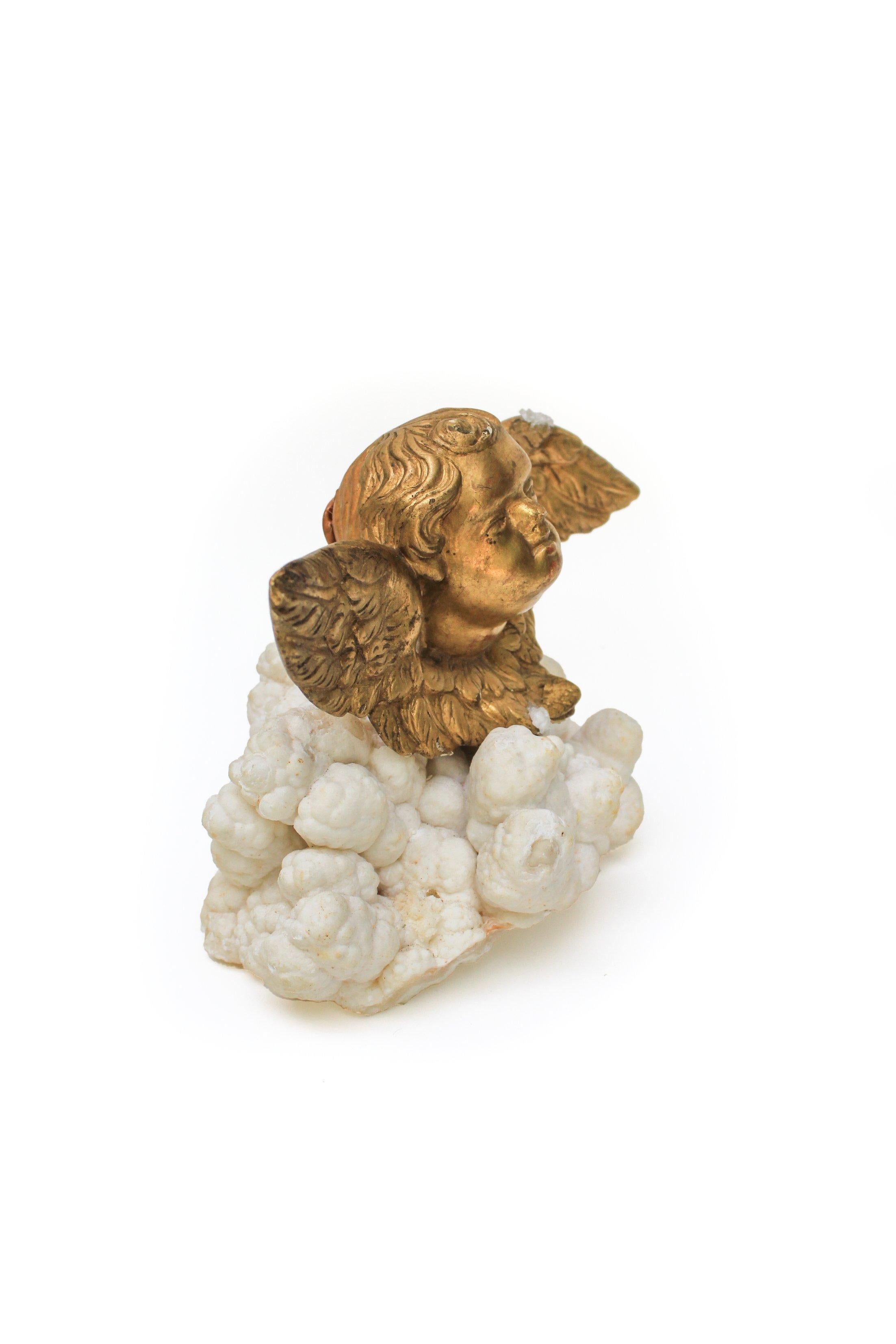 Rococo 18th Century Italian Gold Leaf Angel 'Putto' Mounted on Aragonite