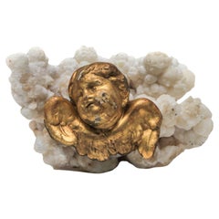 18th Century Italian Gold Leaf Angel 'Putto' Mounted on Aragonite