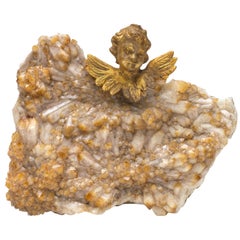 18th Century Italian Gold Leaf Angel 'Putto' on a Citrine Quartz Cluster