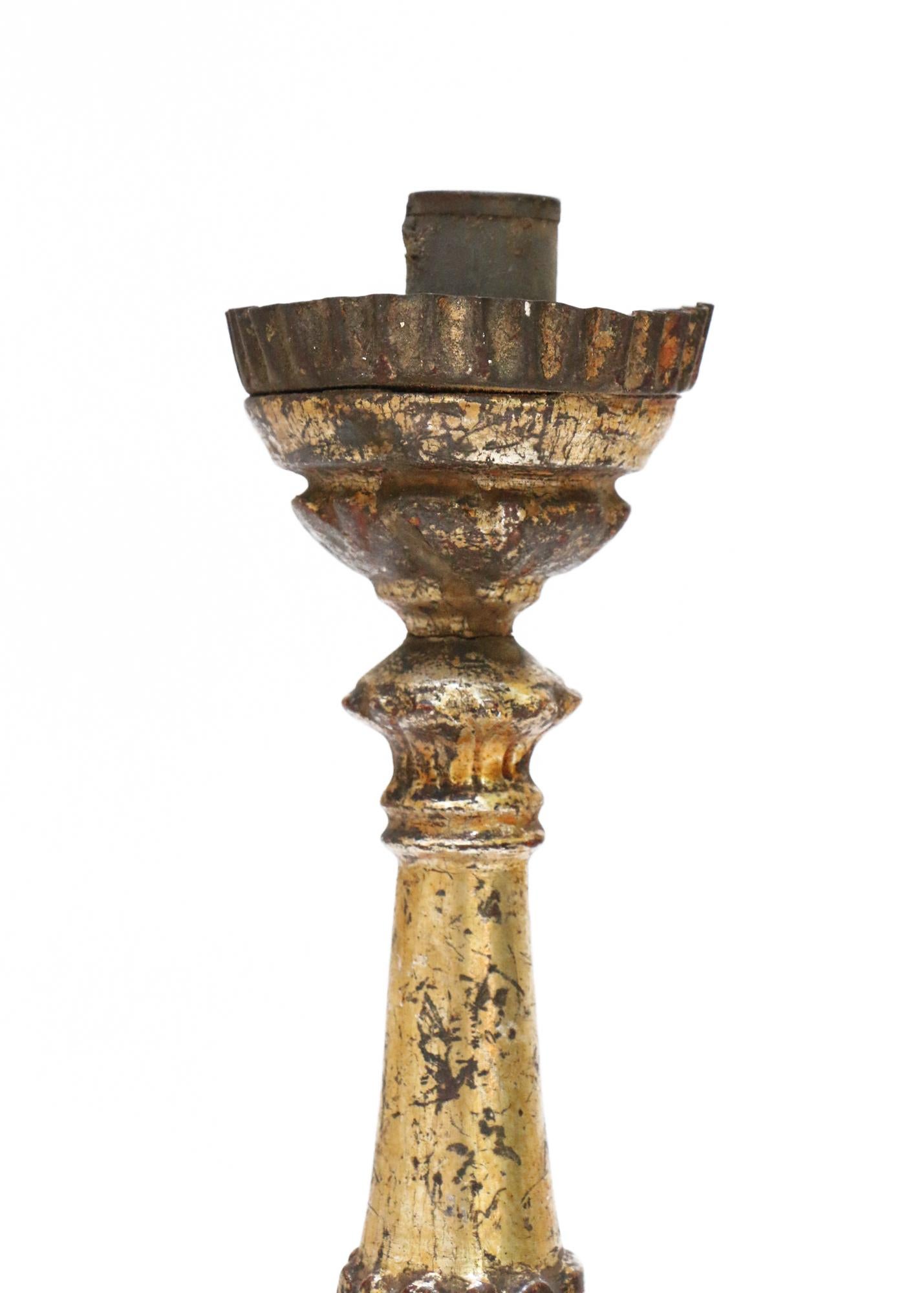 Hand-Painted 18th Century Italian Gold Leaf Candlestick with Chalcopyrite and Baroque Pearls For Sale