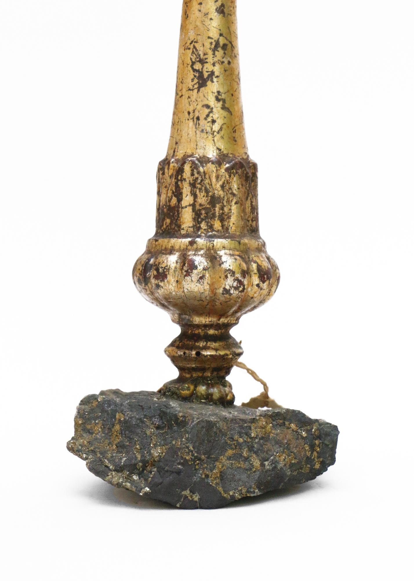 18th Century Italian Gold Leaf Candlestick with Chalcopyrite and Baroque Pearls In Distressed Condition For Sale In Dublin, Dalkey