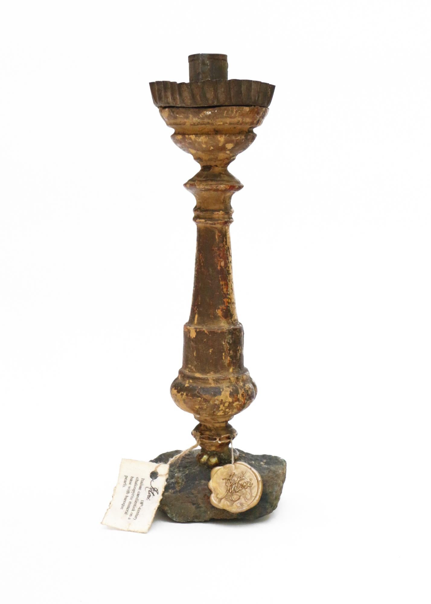 18th Century and Earlier 18th Century Italian Gold Leaf Candlestick with Chalcopyrite and Baroque Pearls For Sale