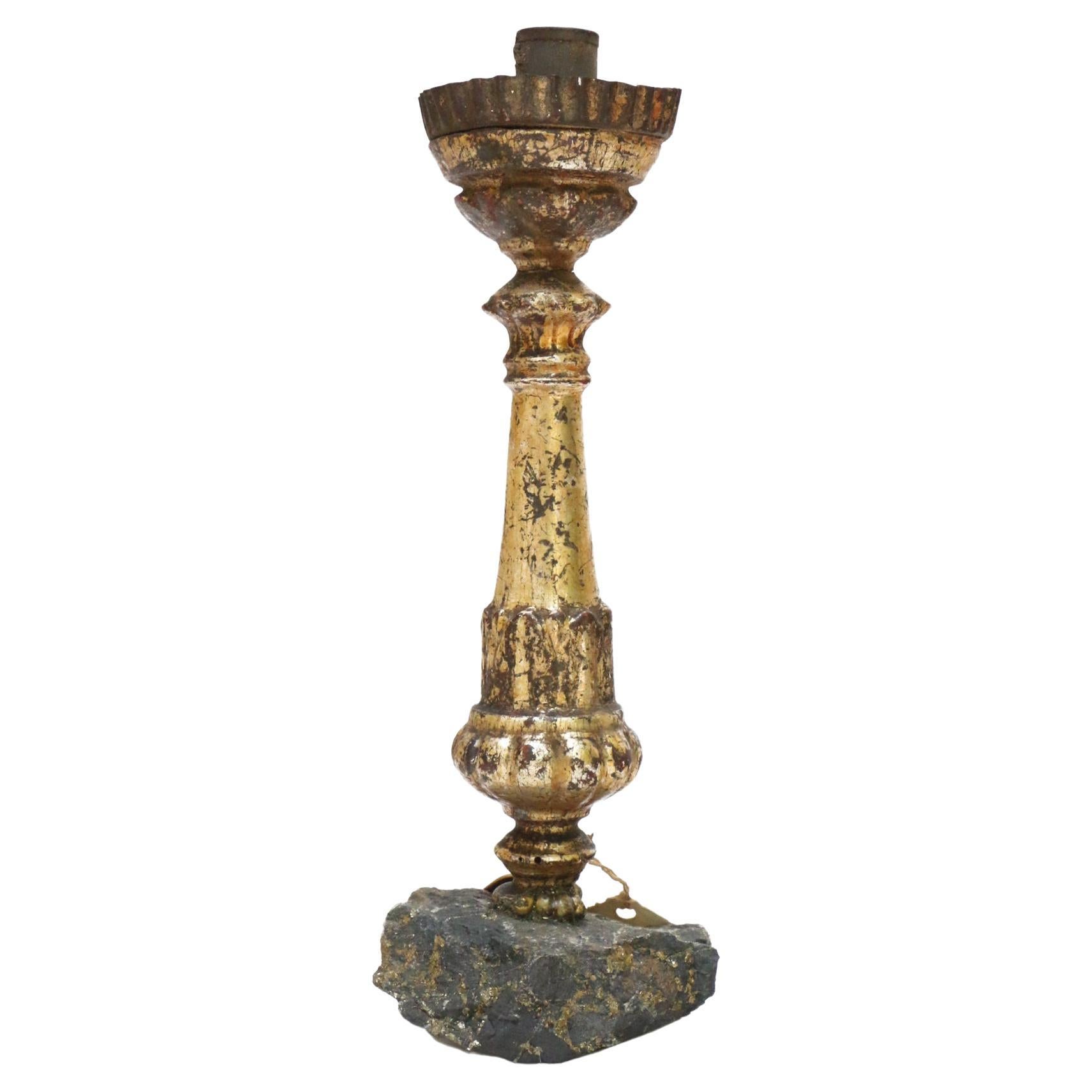 18th Century Italian Gold Leaf Candlestick with Chalcopyrite and Baroque Pearls For Sale